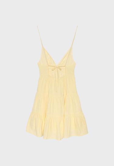 Flowing mini dress with back tie — Pastel yellow 7