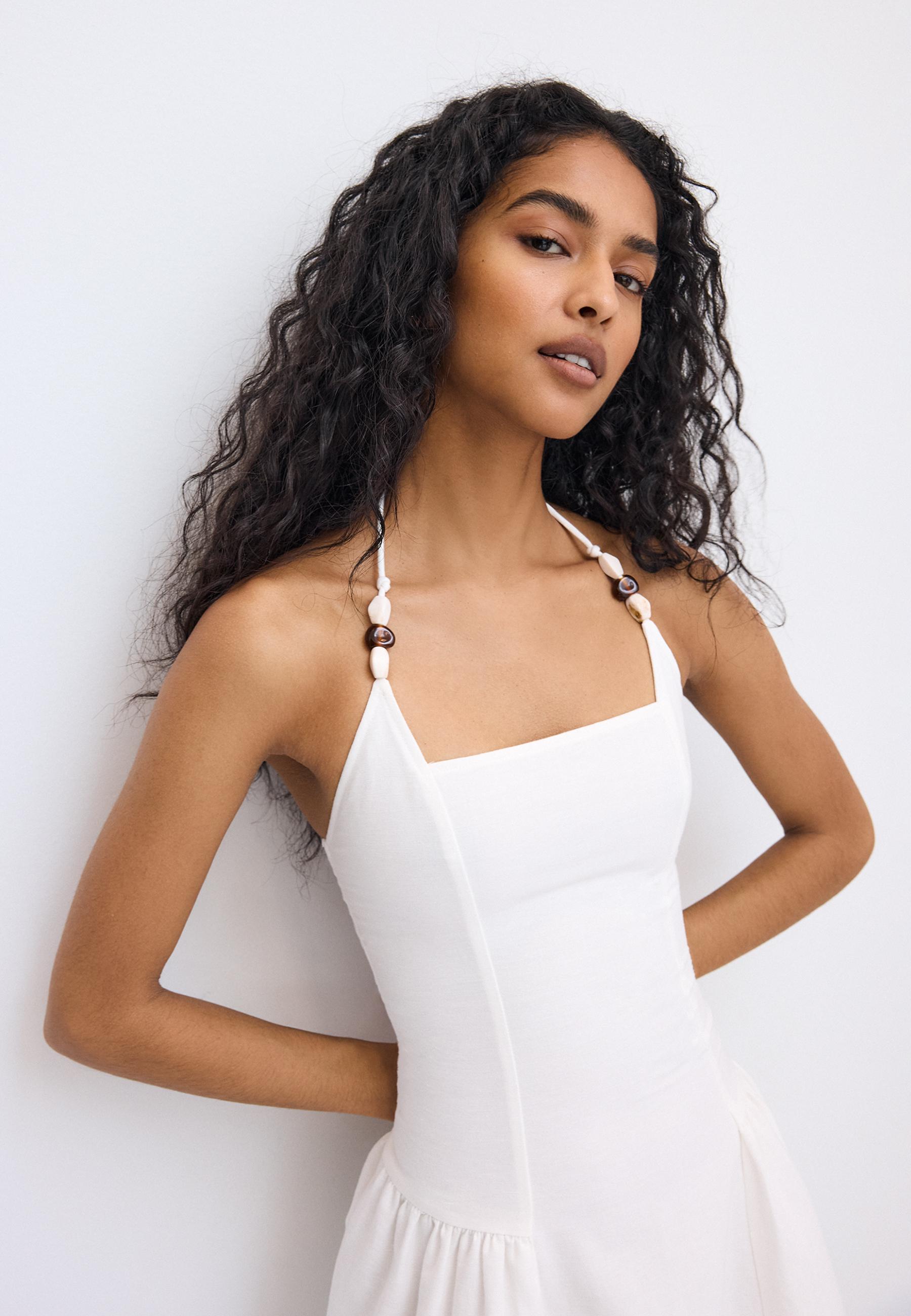 Beaded A-line dress — Ecru
