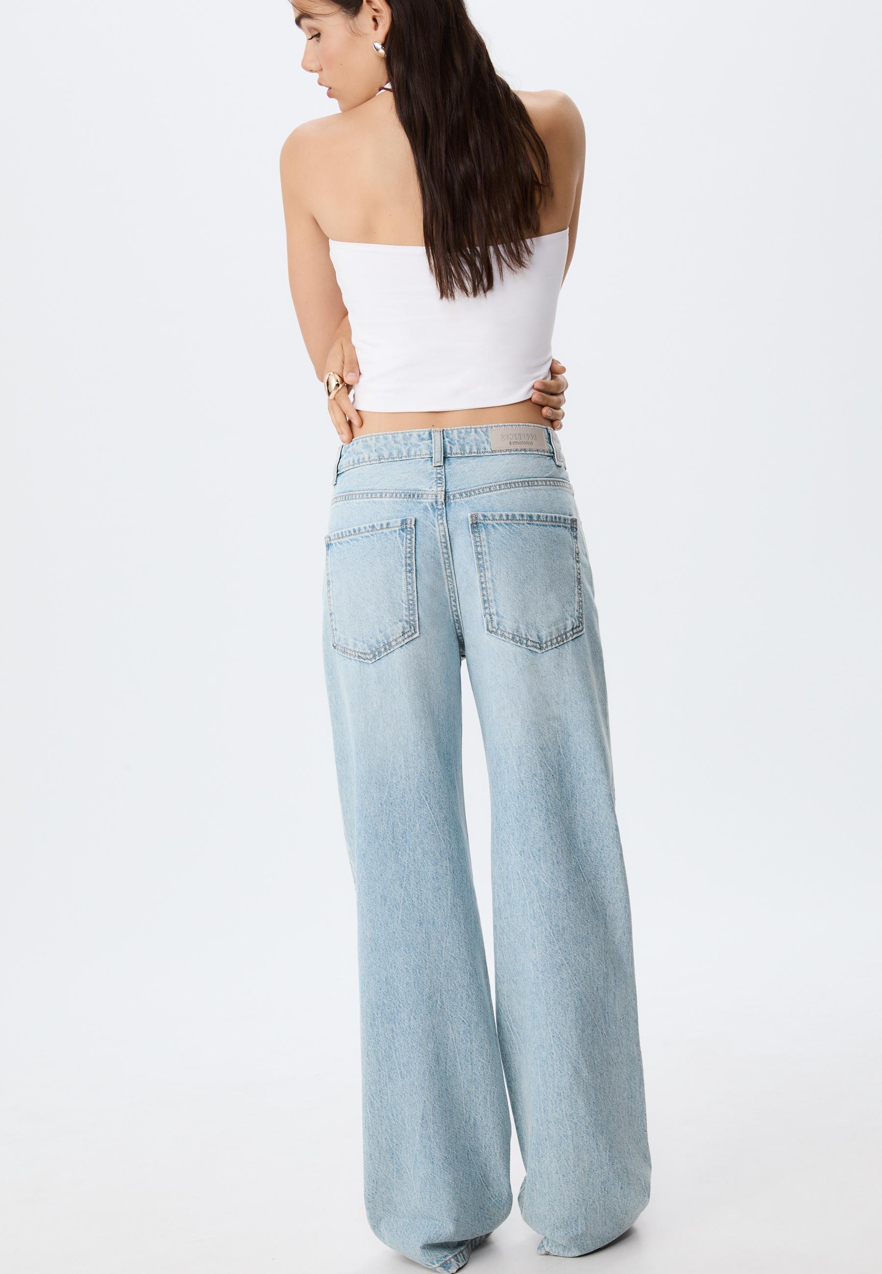Straight-leg jeans with rhinestones — MEDIUM BLUE DENIM
