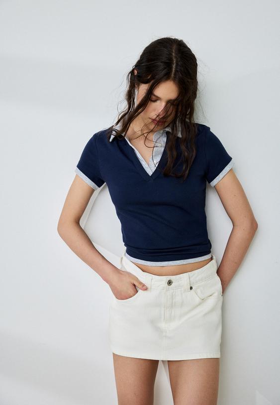 Stradivarius D62 Striped Denim Skort White 6