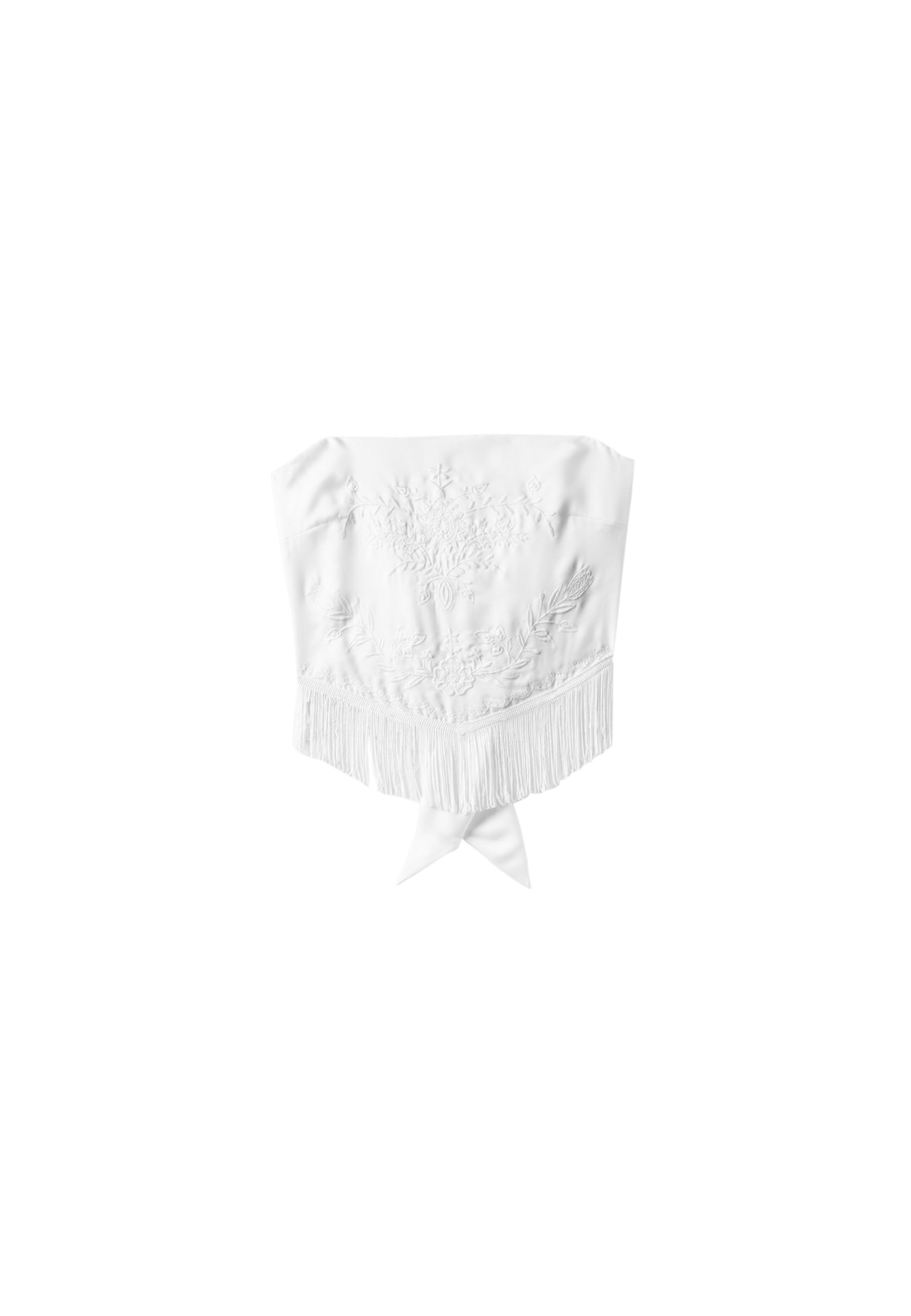 Embroidered fringe bustier top — White
