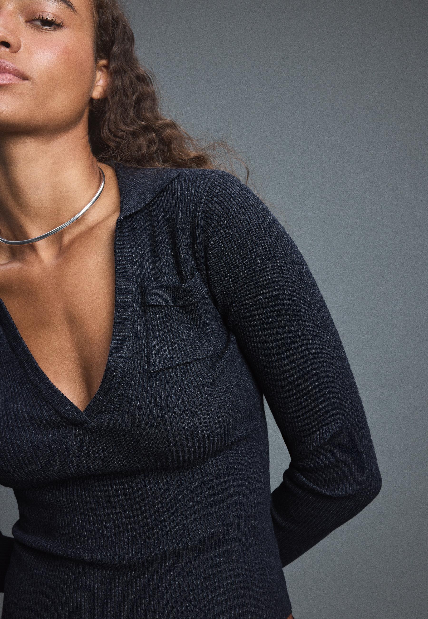 Polo collar knit jumper with pockets — Dark grey