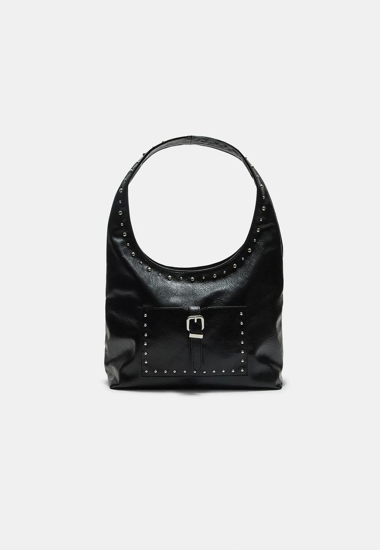 Stradivarius Vybíjaná Ramenná Kabelka Black Os