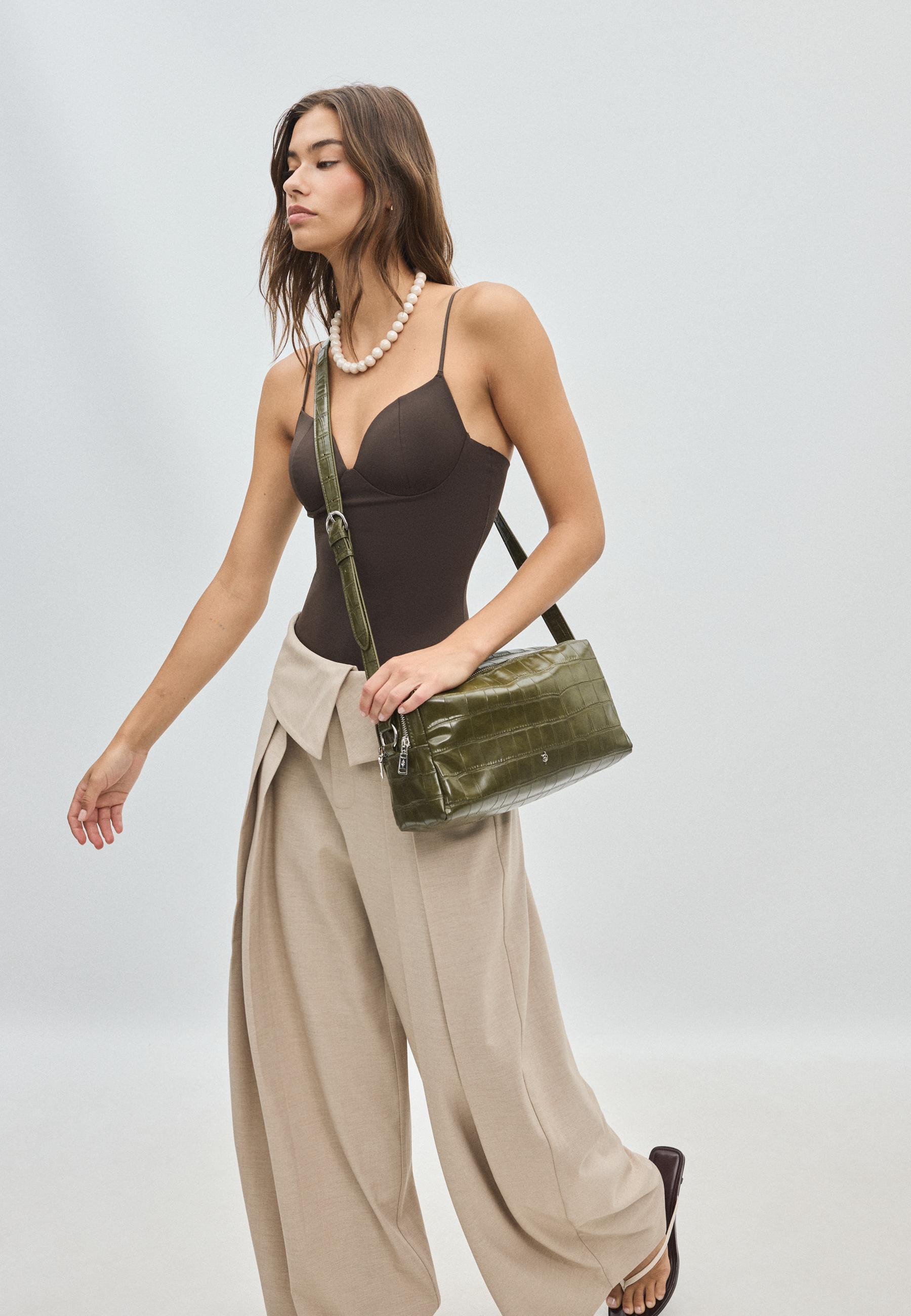 Crocodile-effect rectangular crossbody bag — Khaki