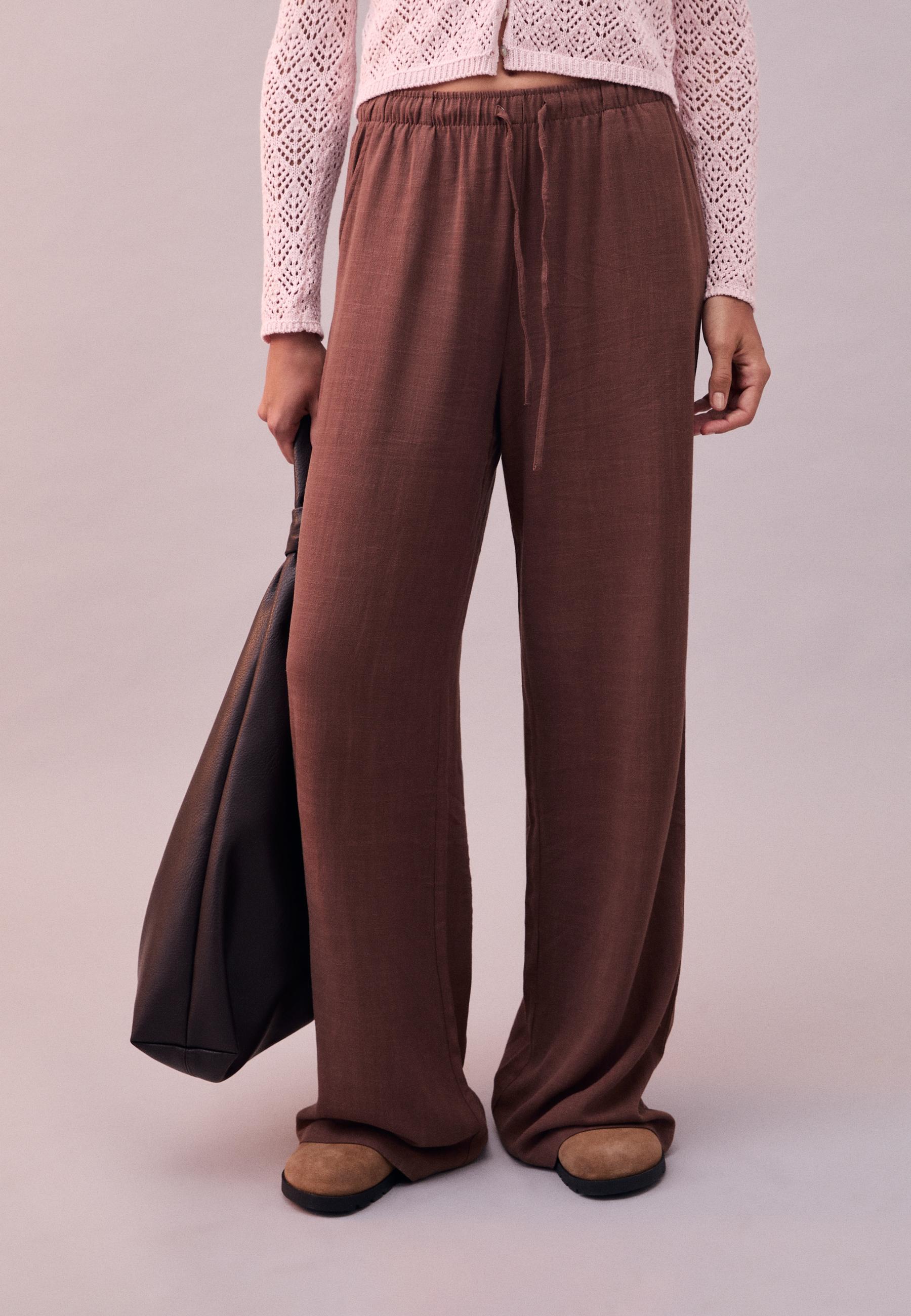 Straight-leg linen-look trousers — Brown