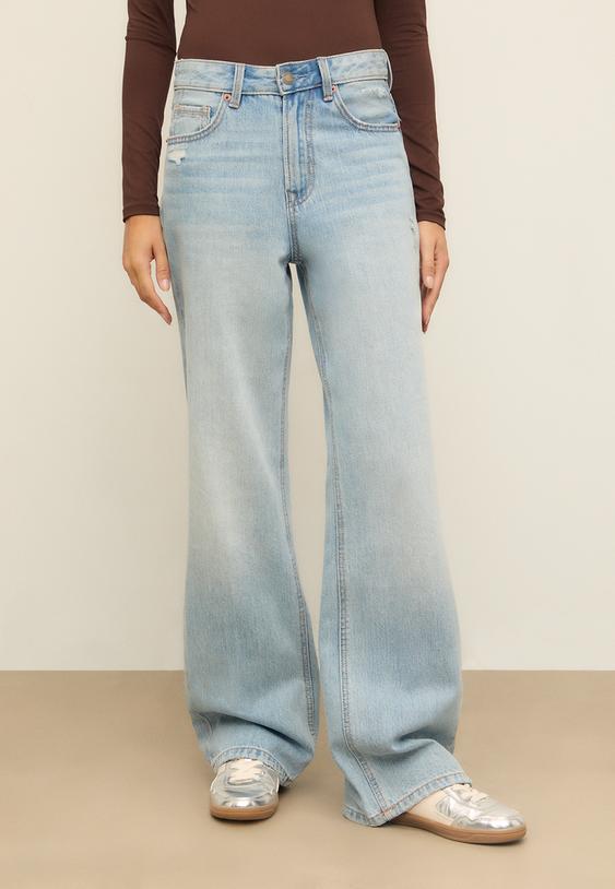 Stradivarius Blugi D92 Straight Fit Largi Efect Prespălat Denim Albastru Deschis 40