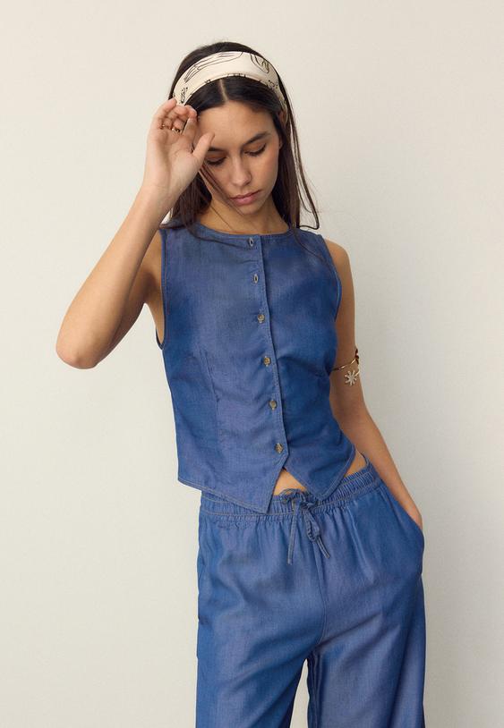 Stradivarius Mouwloze Top Met Knopen Denim Middenblauwe Denim Wassing M