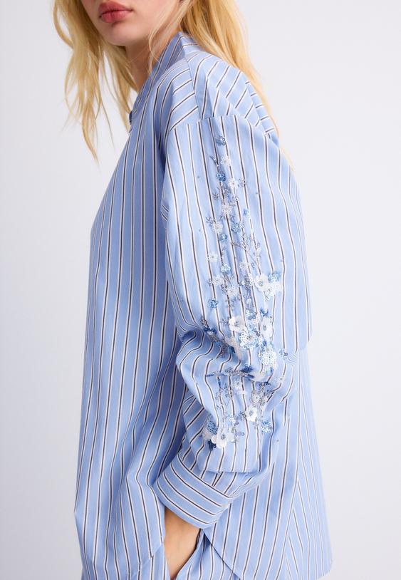 Stradivarius Blouse Met Geborduurde Mouwen Hemelsblauw Xl