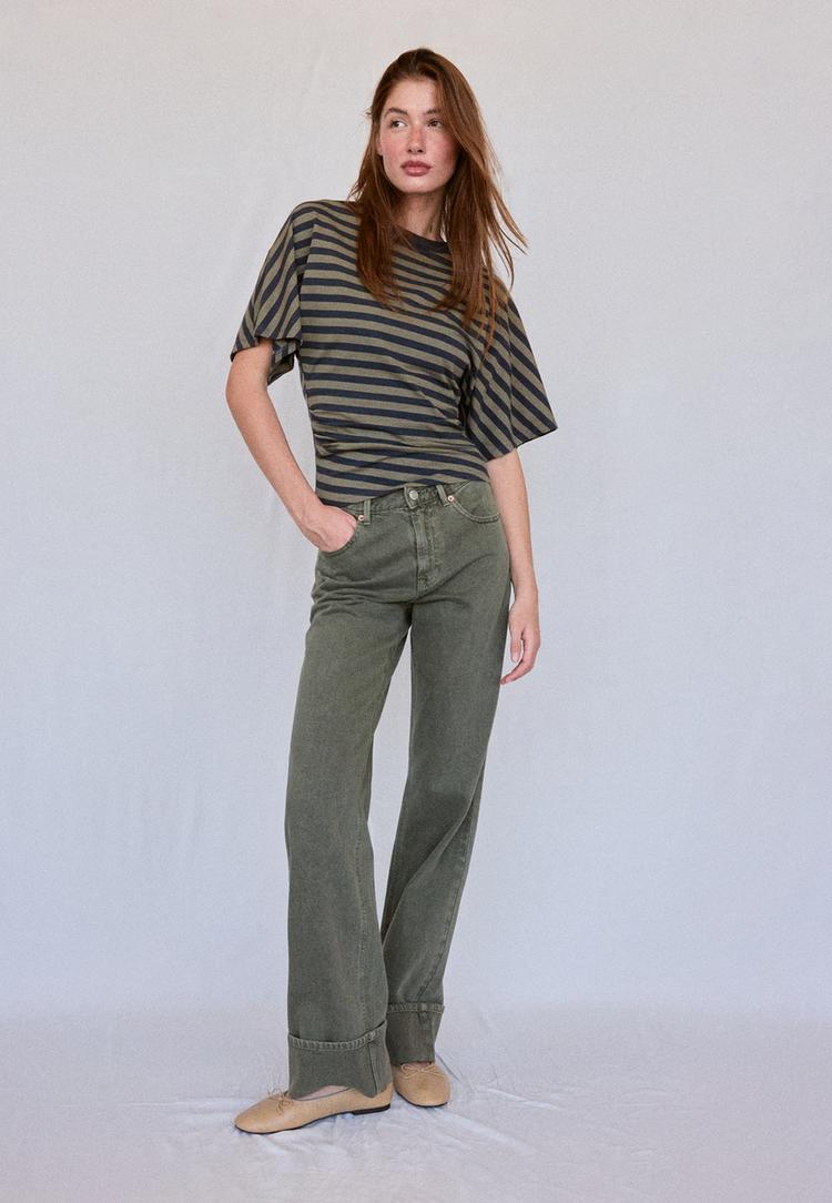 Stradivarius B08 Prugasta Majica, Kratki Rukav, Japanski Stil Kaki M