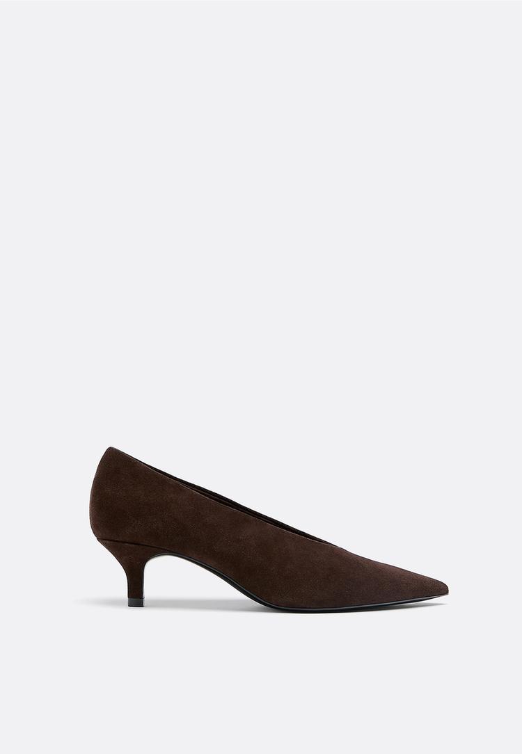 Stradivarius Κλειστά Δερμάτινα Παπούτσια Kitten Heel Καφέ 36