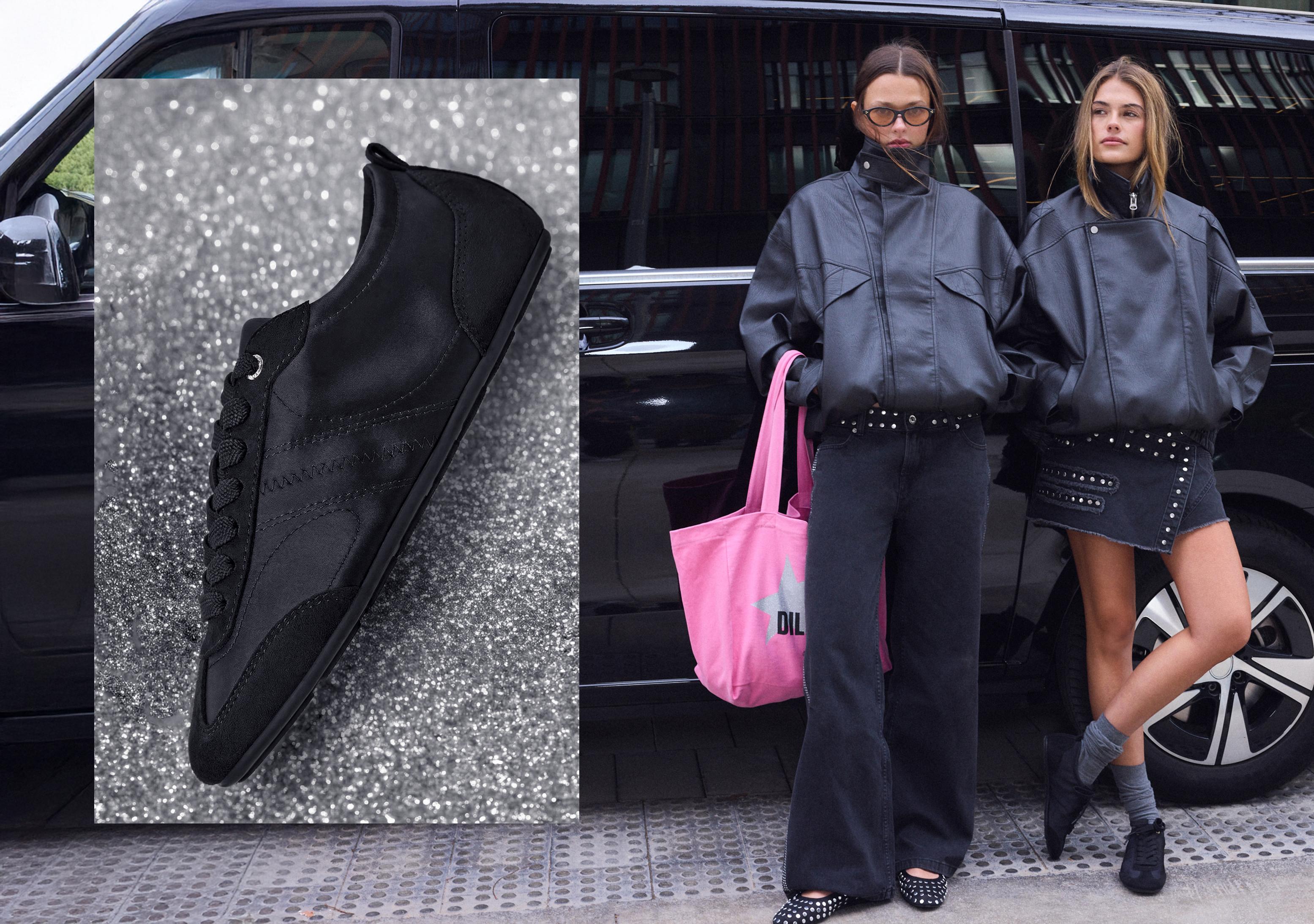 Satin fine sole trainers — BLACK
