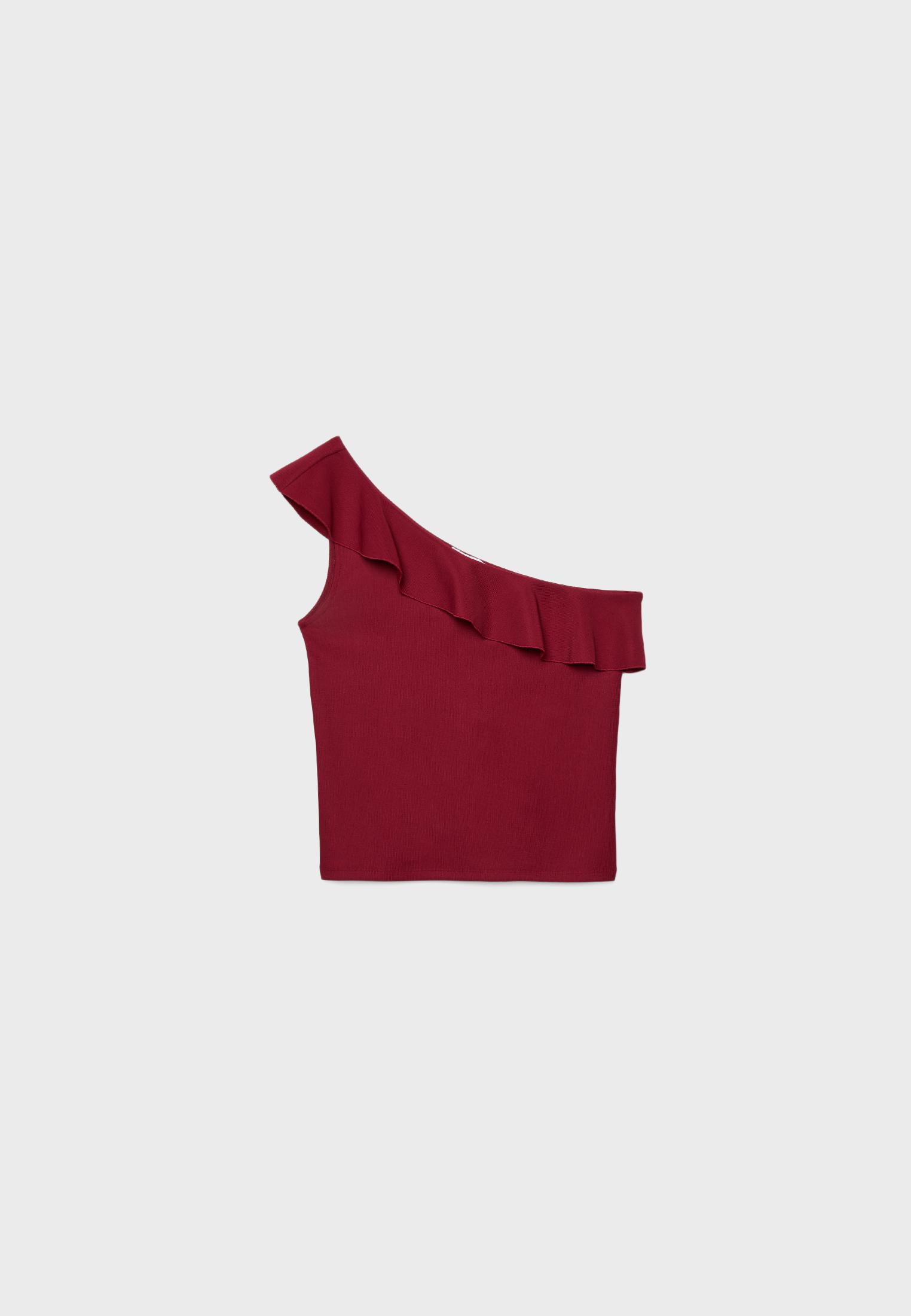 Asymmetric T-shirt with ruffle — Dark red