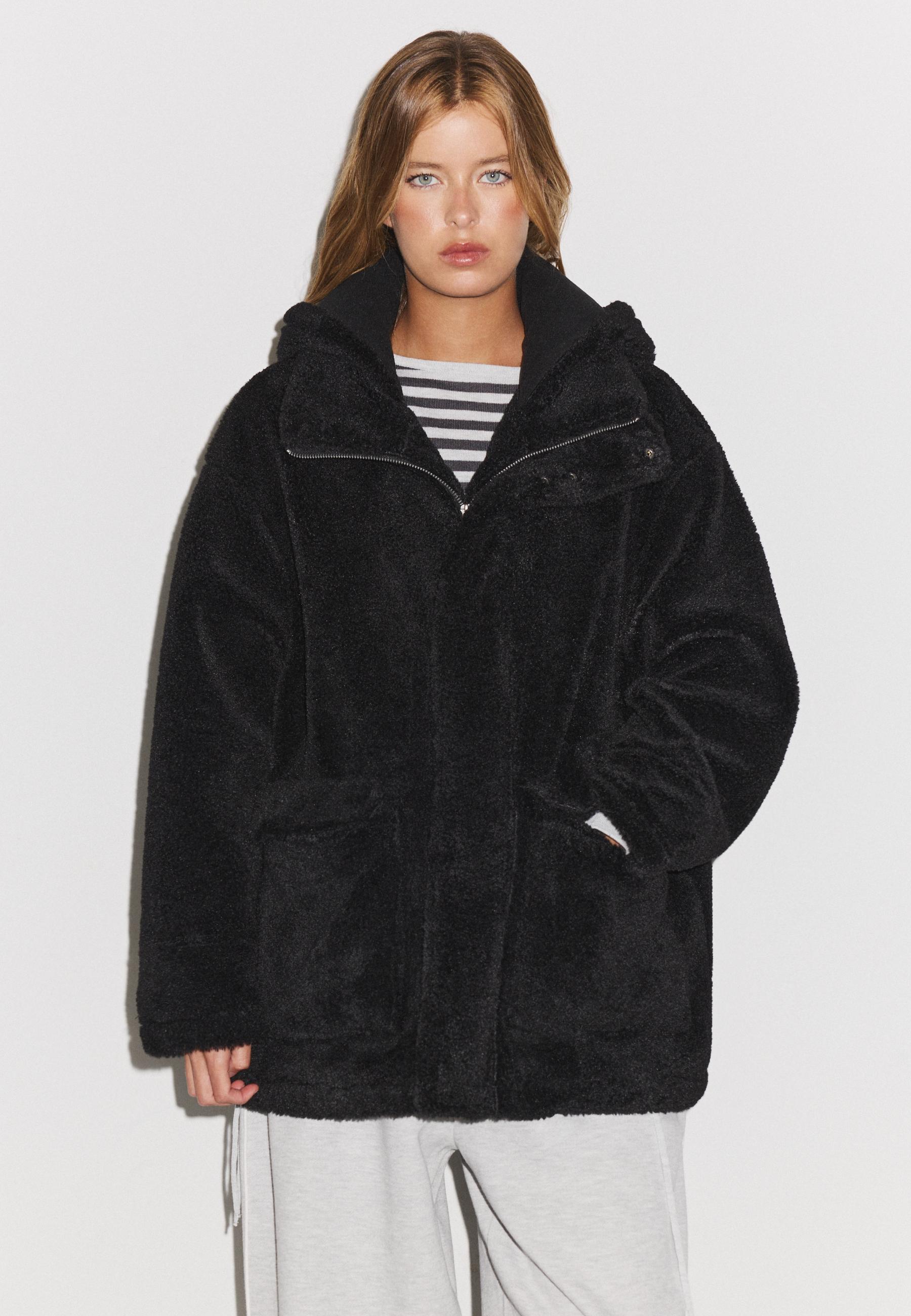 Faux sheepskin-effect hooded coat — Dark grey