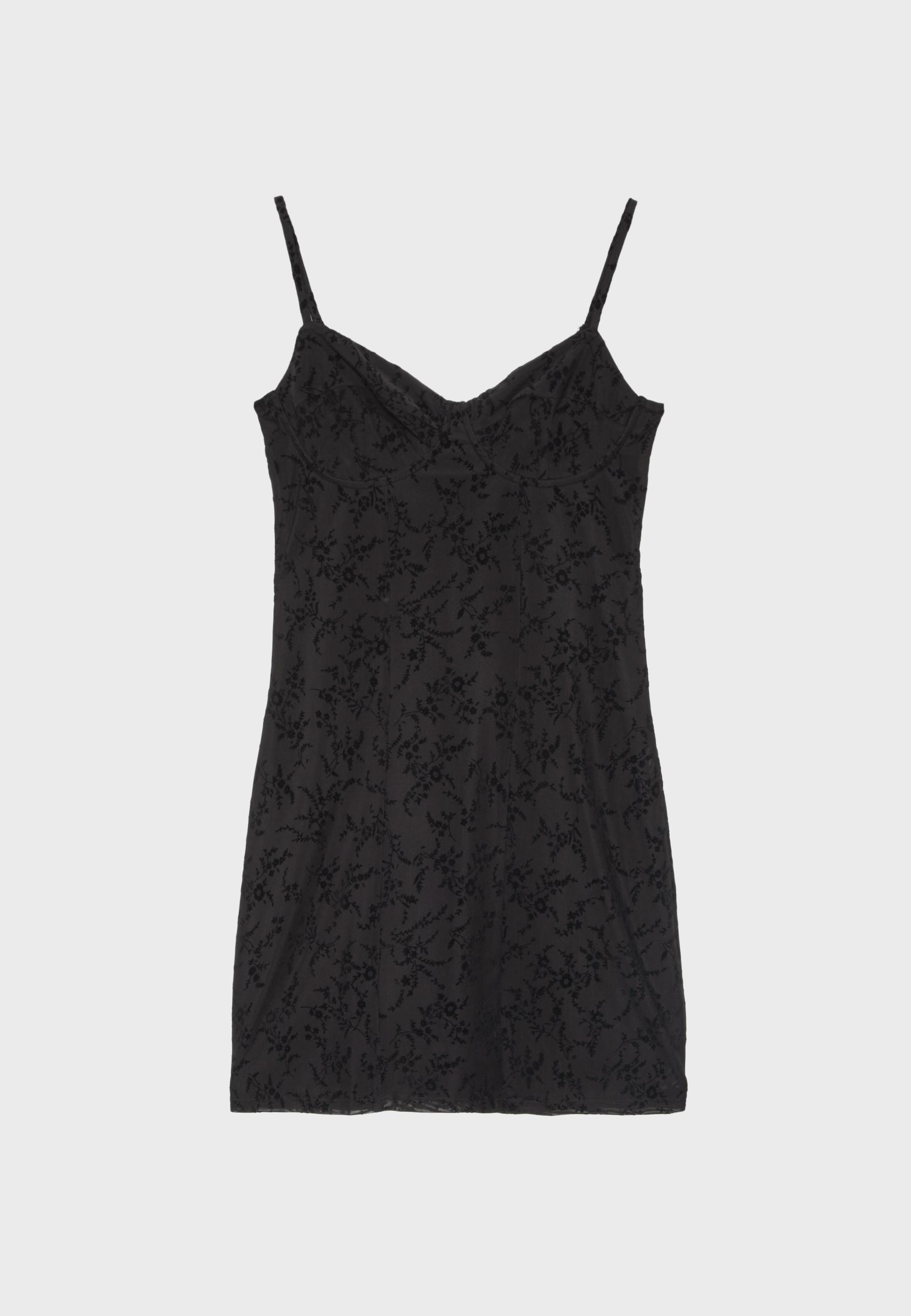 Short flocked strappy dress — Black