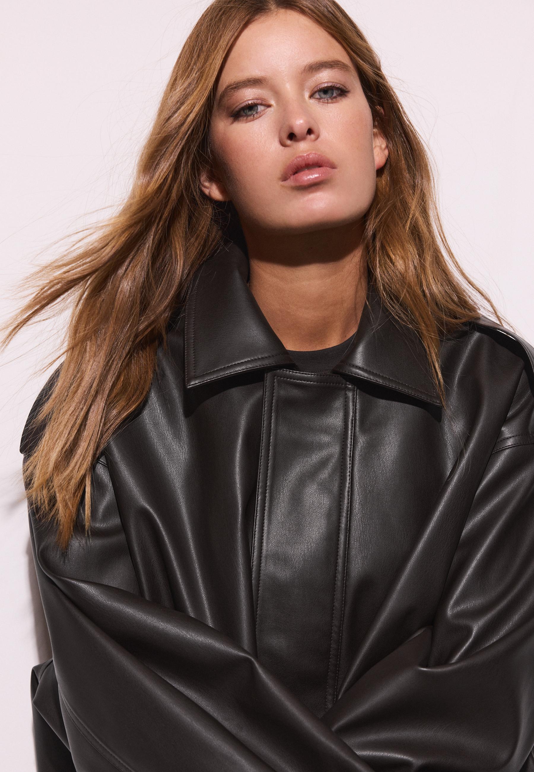 Oversize leather effect biker jacket — Brown