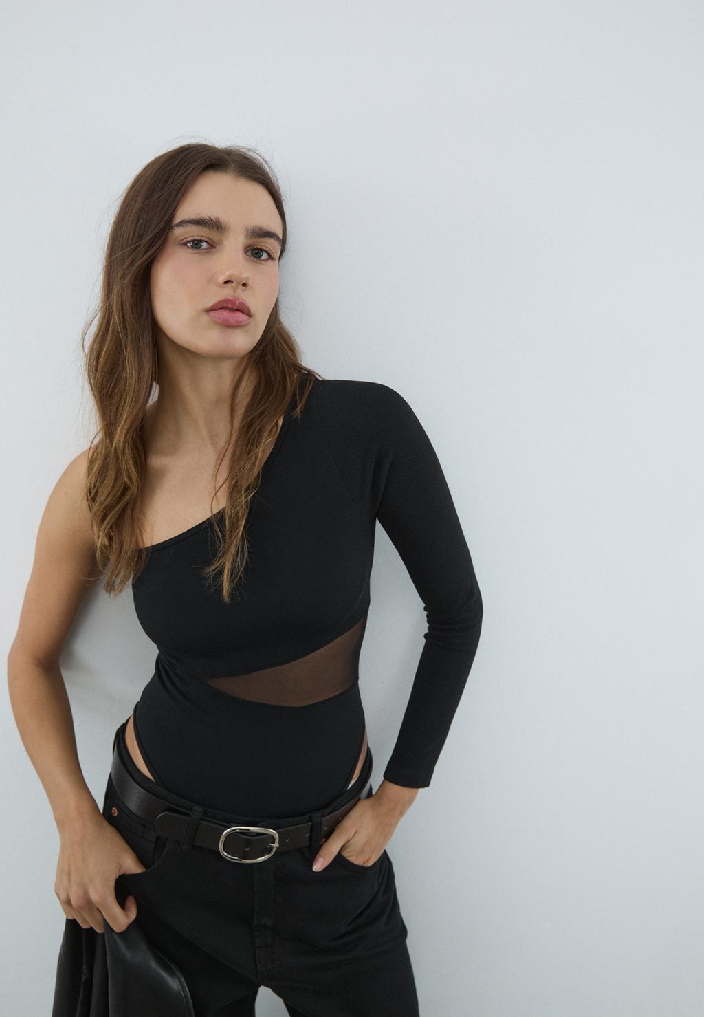 Asymmetric bodysuit with sheer details