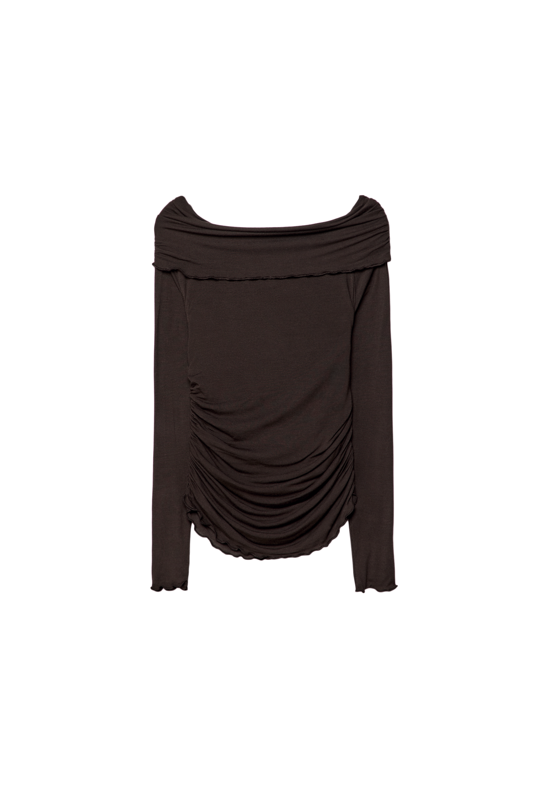 Gathered Off-the-Shoulder T-Shirt — Brown