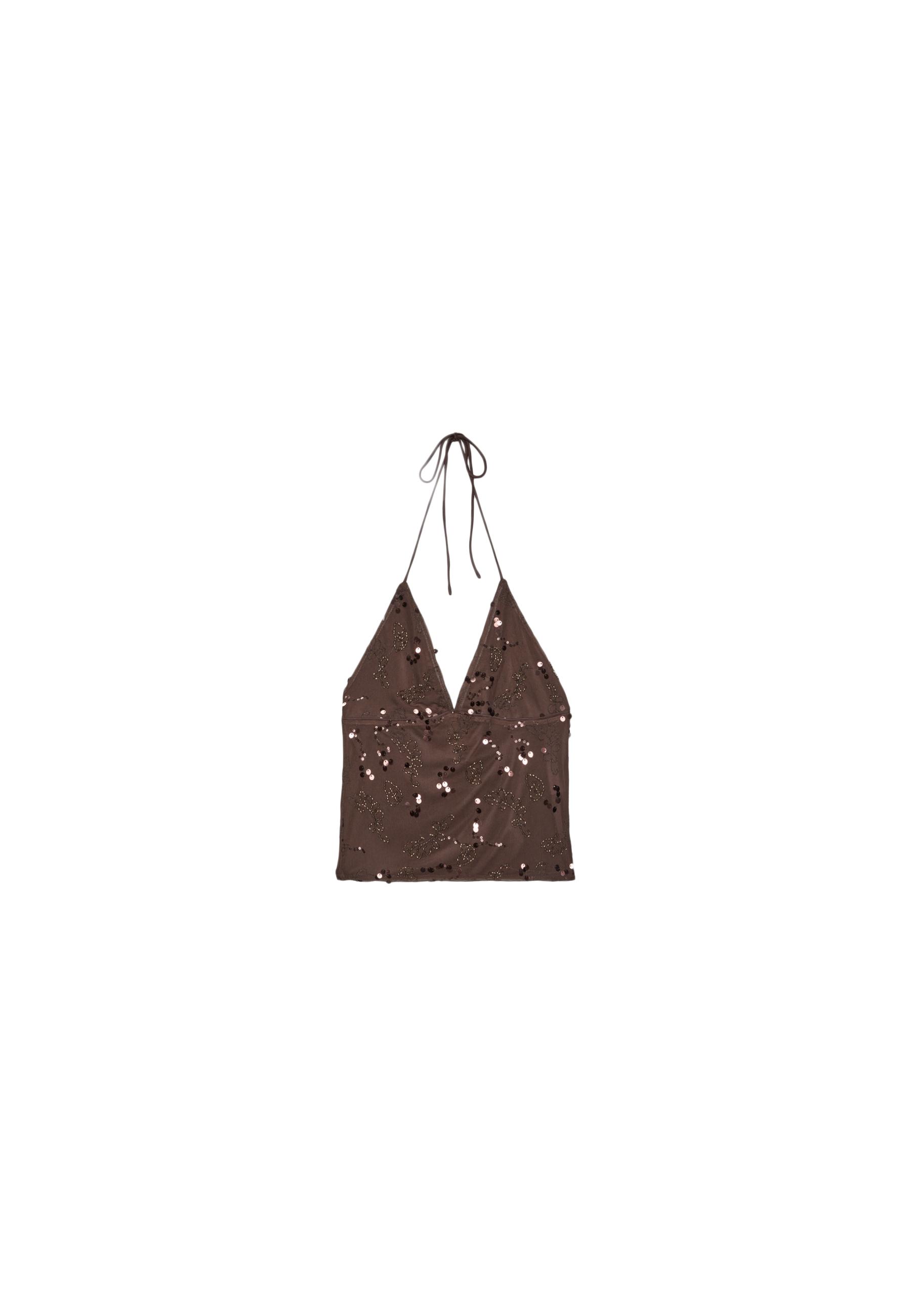 Embroidered sequin halter top — Brown