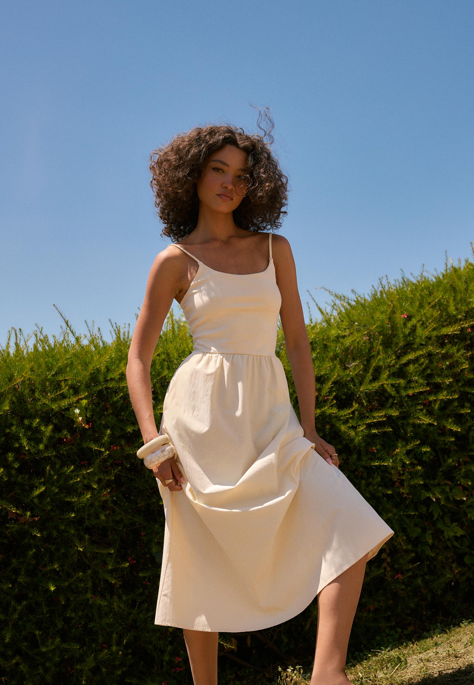 Two-material strappy midi dress — Ecru
