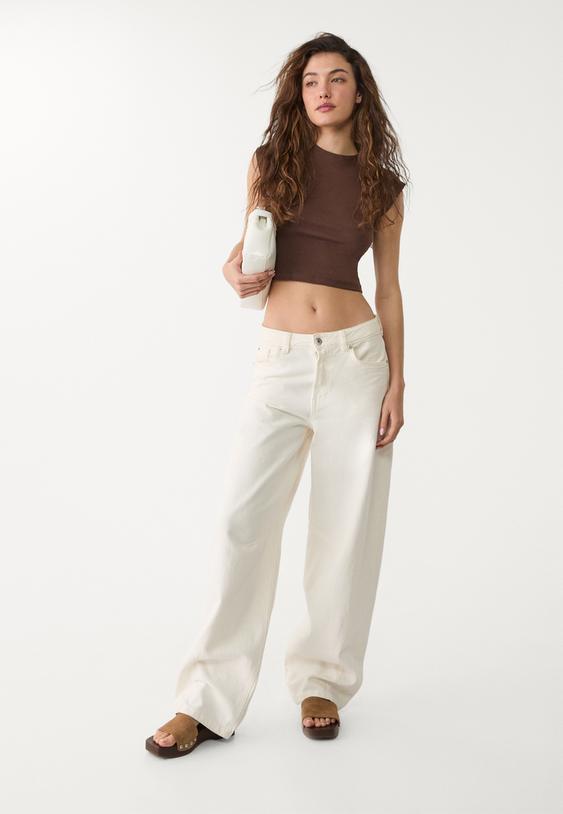 Stradivarius Cropped T-Shirt Met Kapmouwen Bruin M