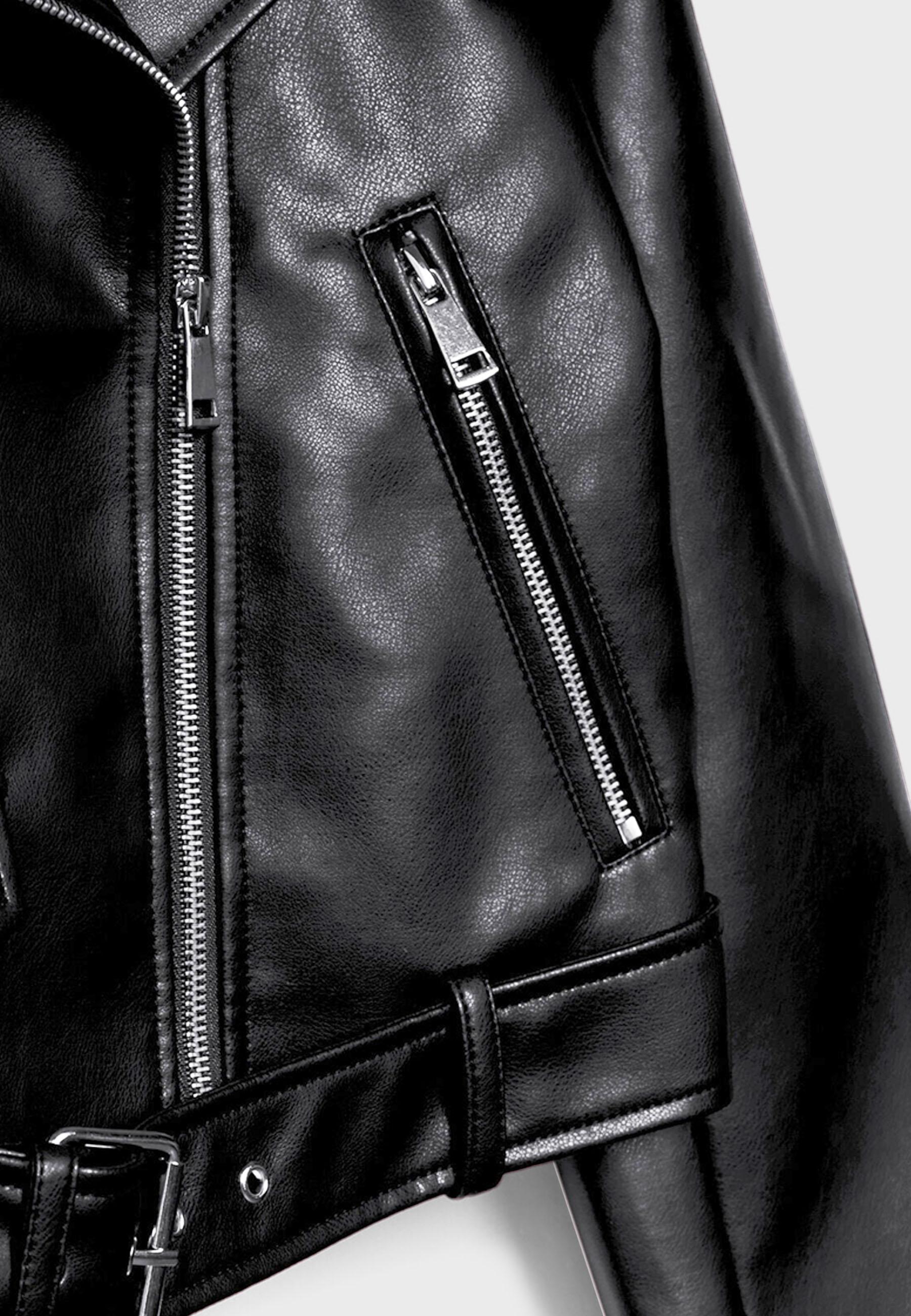 Stradivarius Kemerli suni deri basic biker ceket görsel 6