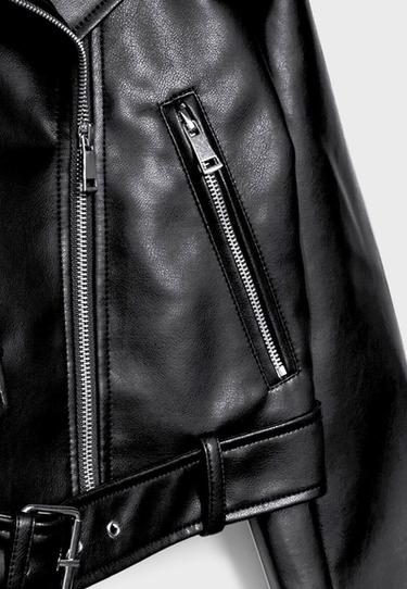 Leather effect biker jacket with belt — Black 9