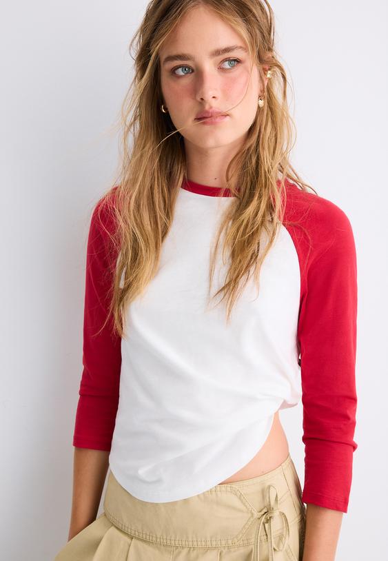 Stradivarius Baseball-Shirt Mit 3/4-Ärmeln Rot L