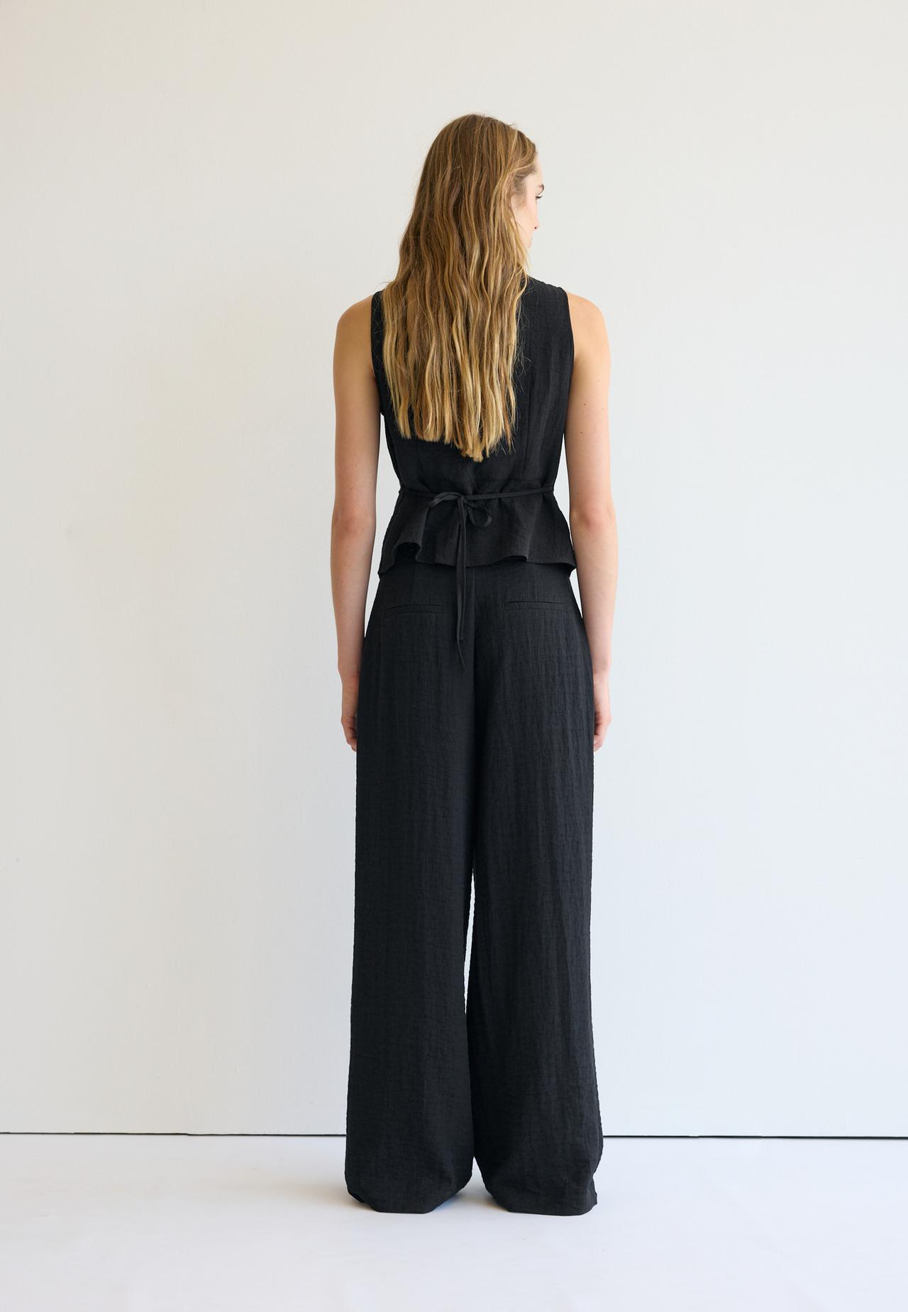 Adjustable rustic wide-leg button trousers — Black