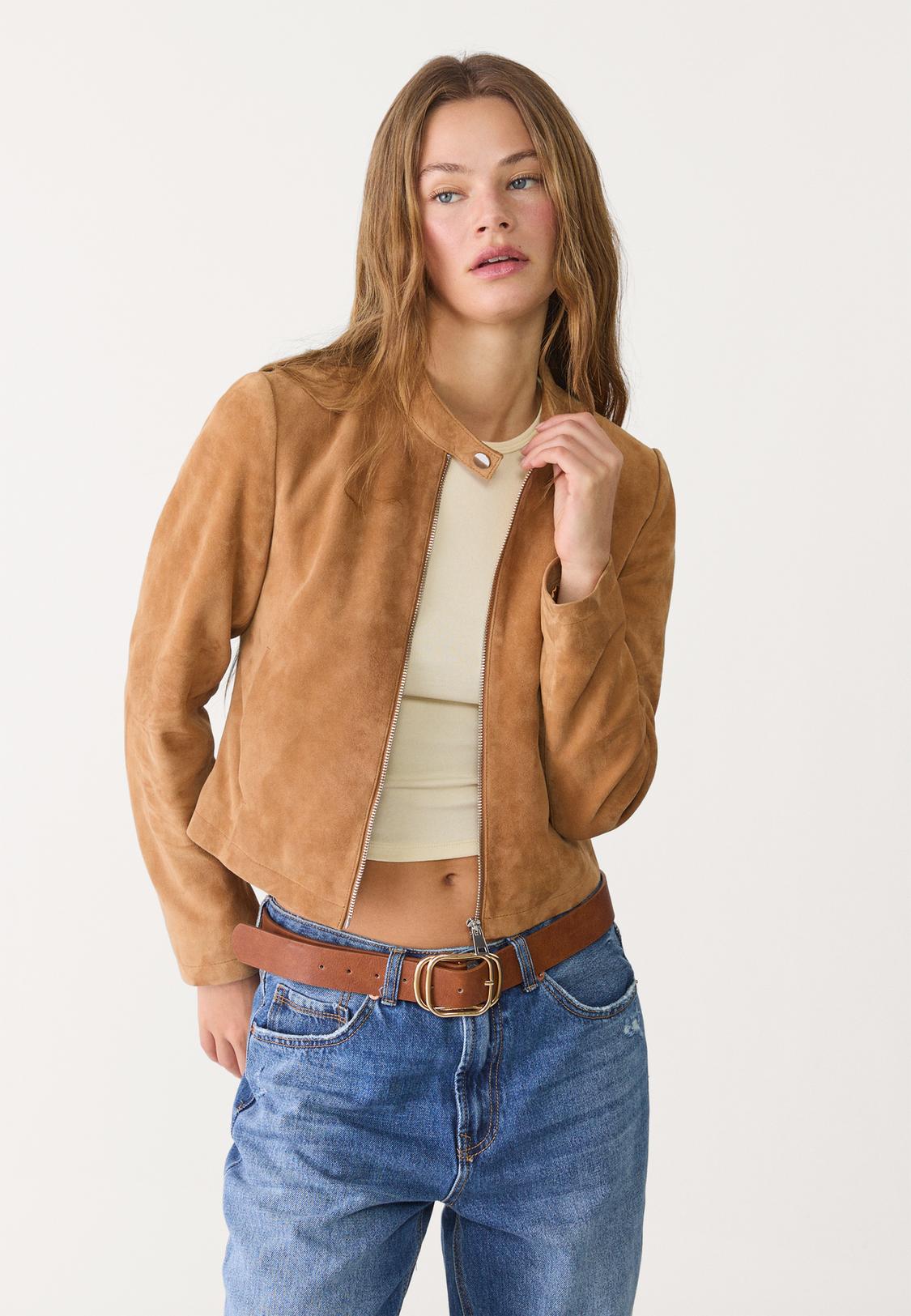 Damen Lederjacke Dunkelbraune Wildlederjacke Braune Vintage