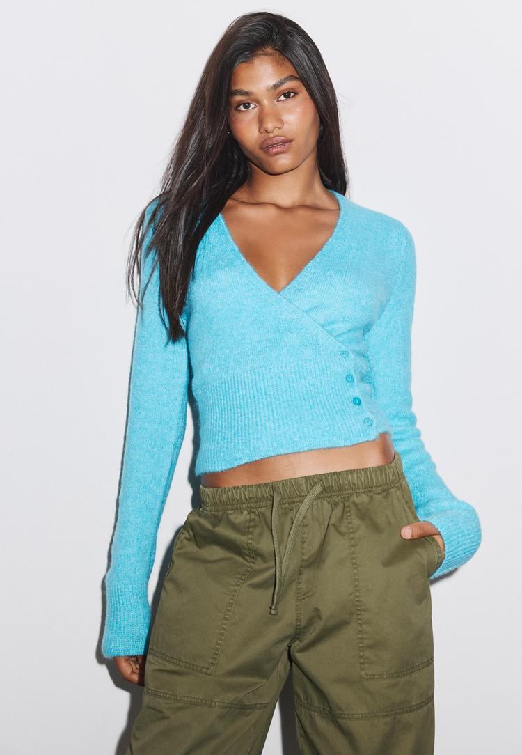 Cross-over button knit cardigan — Turquoise