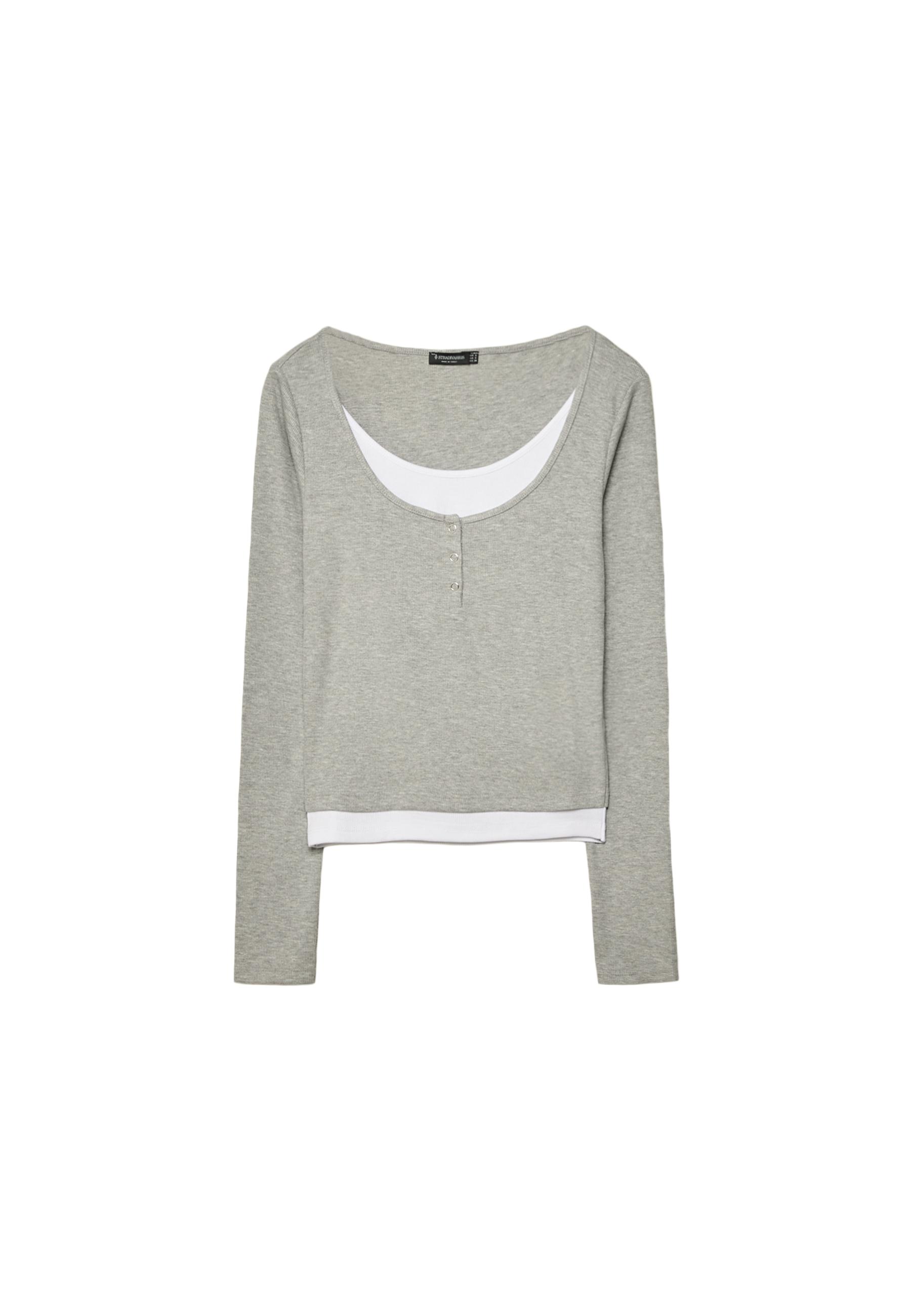 Double long sleeve snap button T-shirt — Grey melange