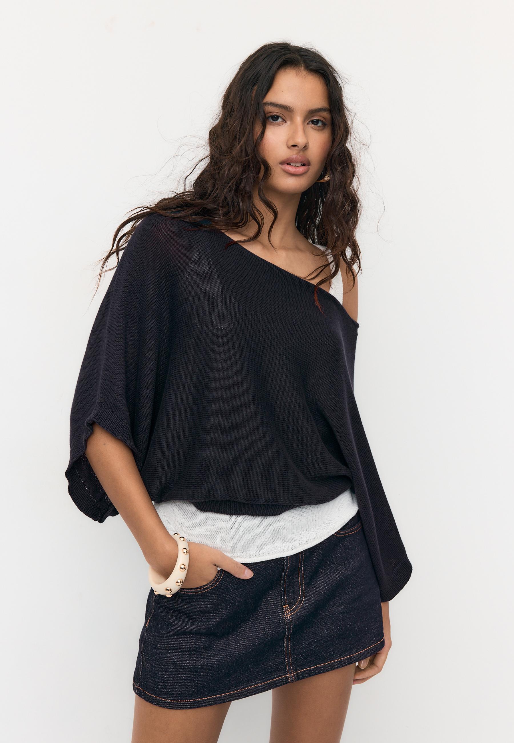 Boat neck knit jumper with overlay — Dark blue