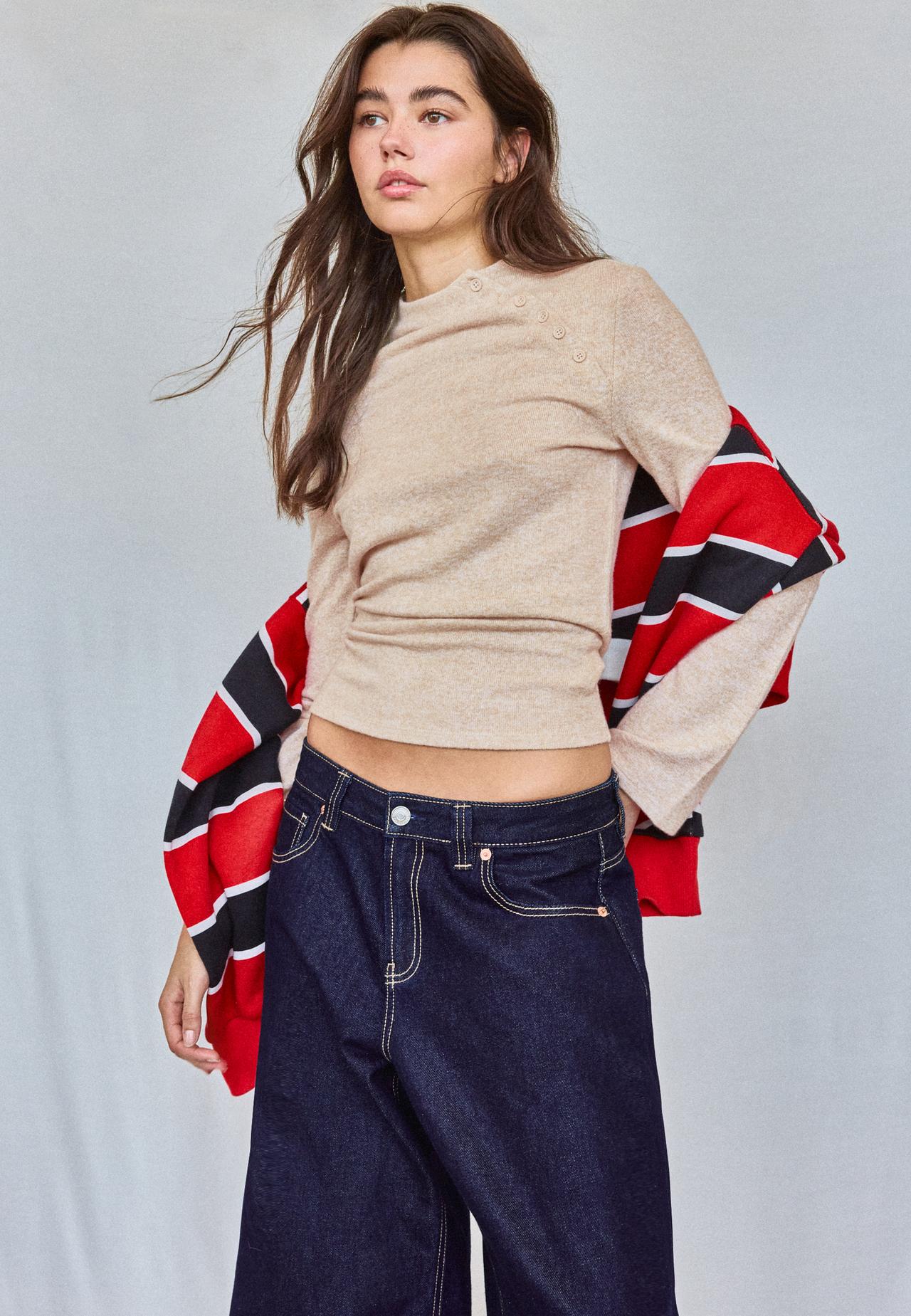 Funnel neck button sweater — Stone