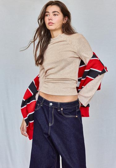 Funnel neck button sweater — Stone 1