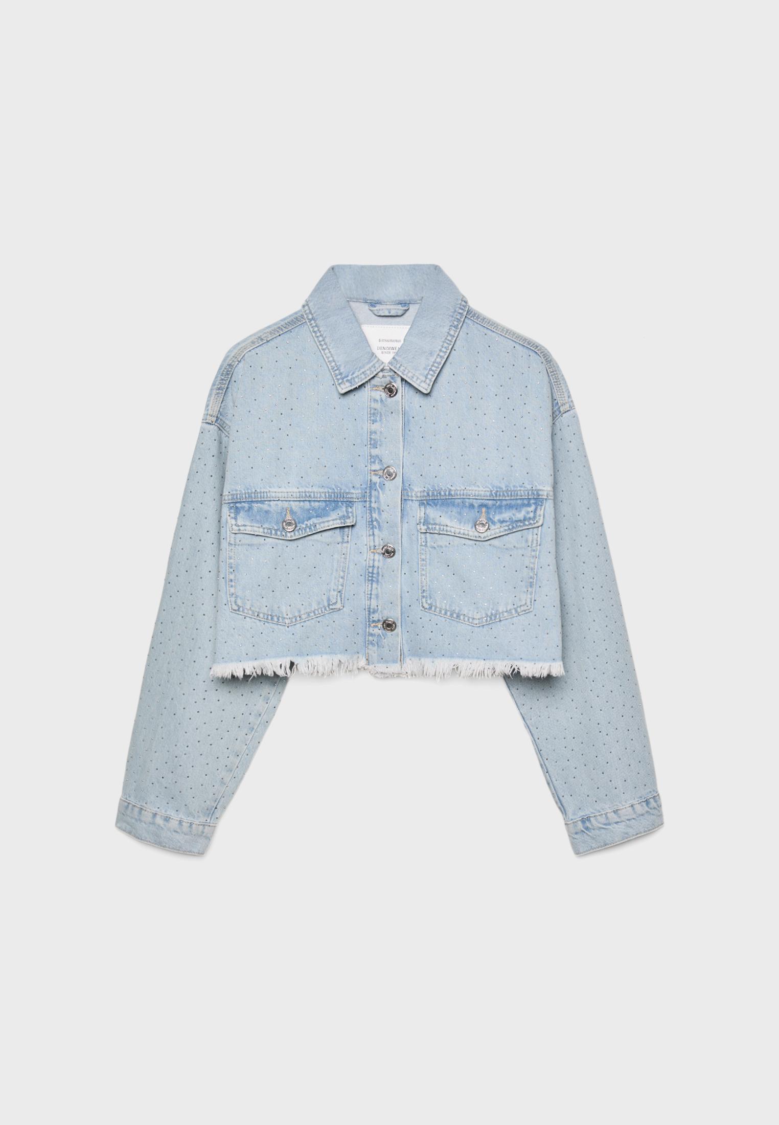 Cropped denim jacket with rhinestones Women s fashion Stradivarius Canada