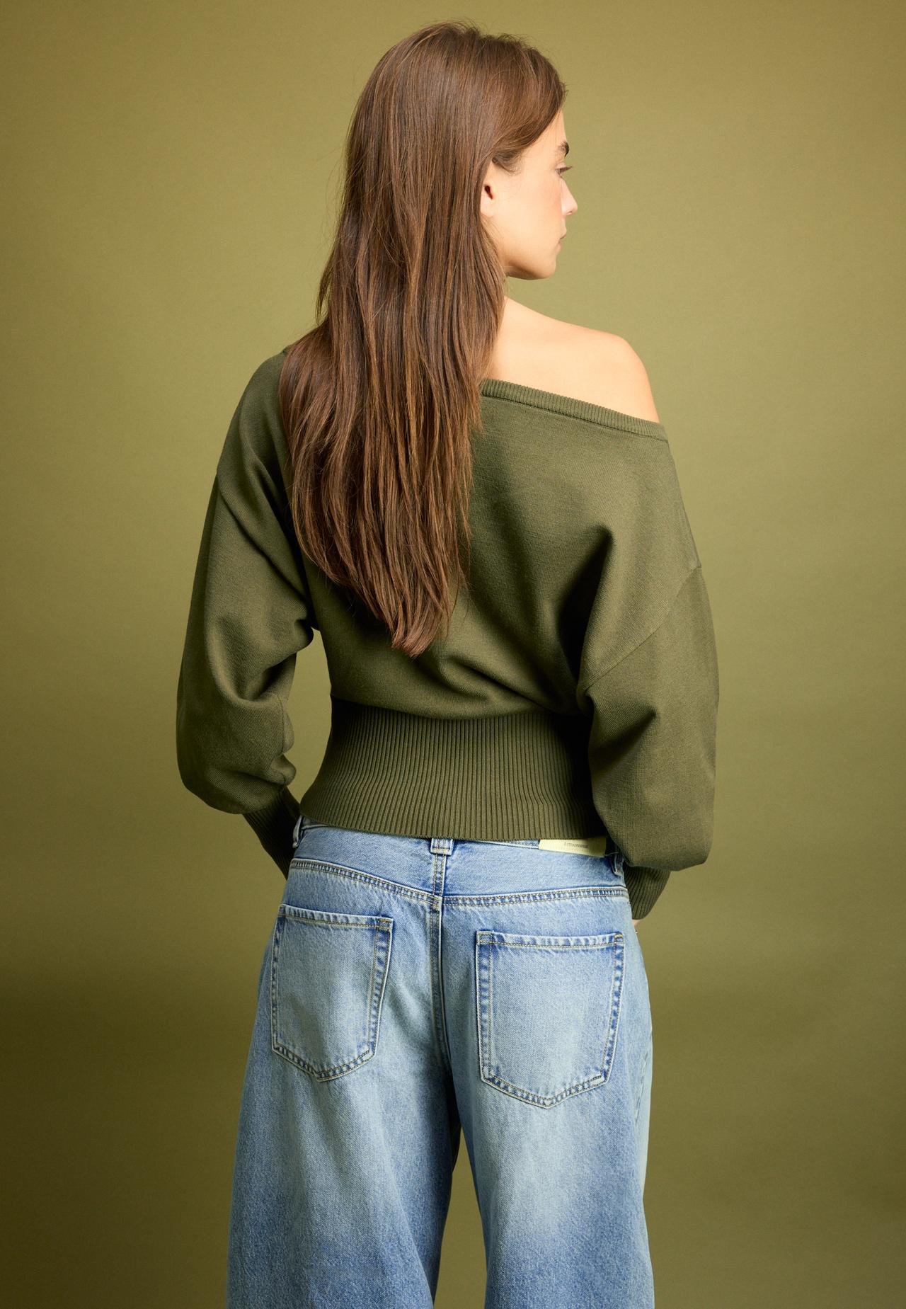 Asymmetric ribbed hem knit jumper — Khaki