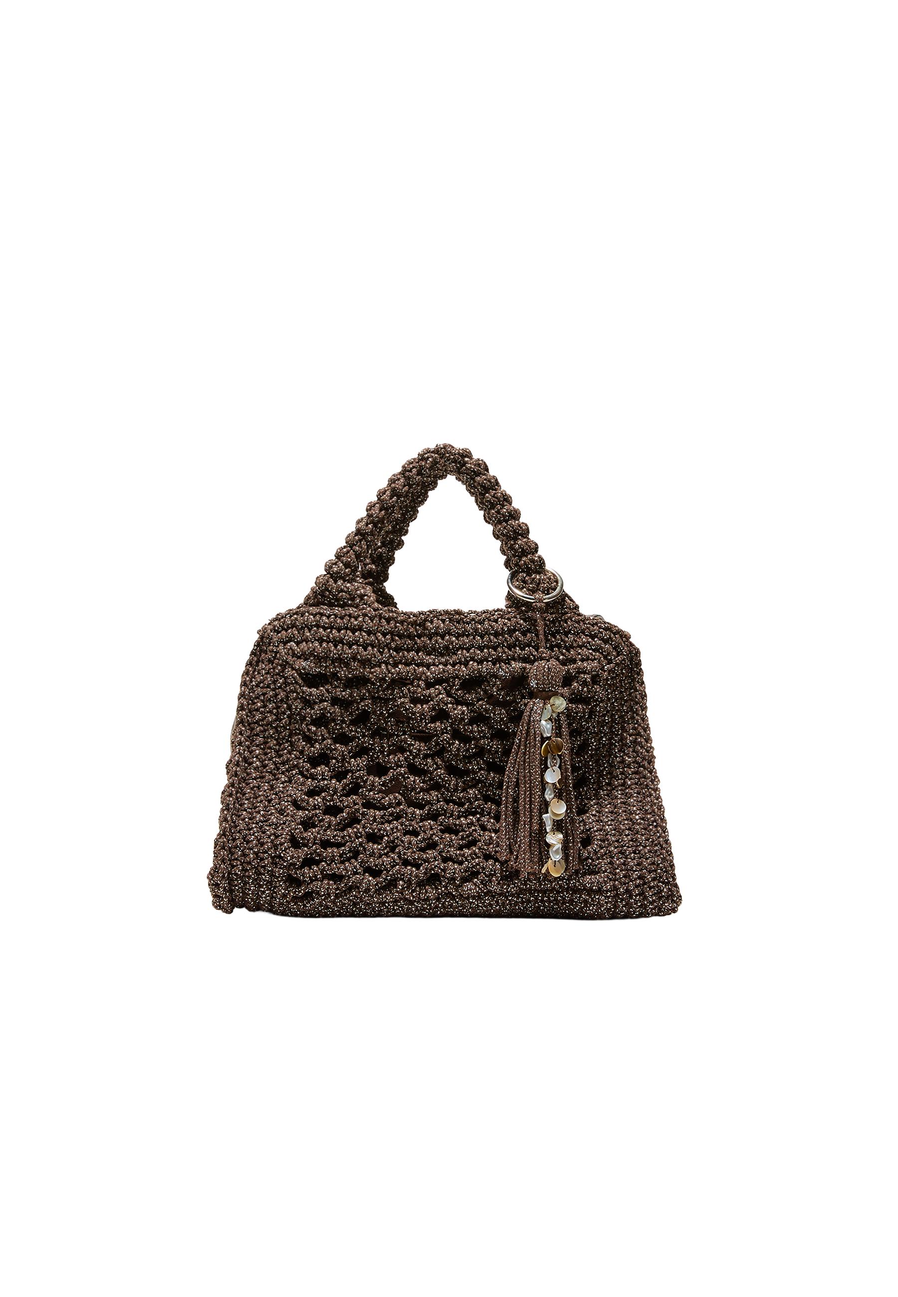 Metallic yarn crochet tote bag — Brown