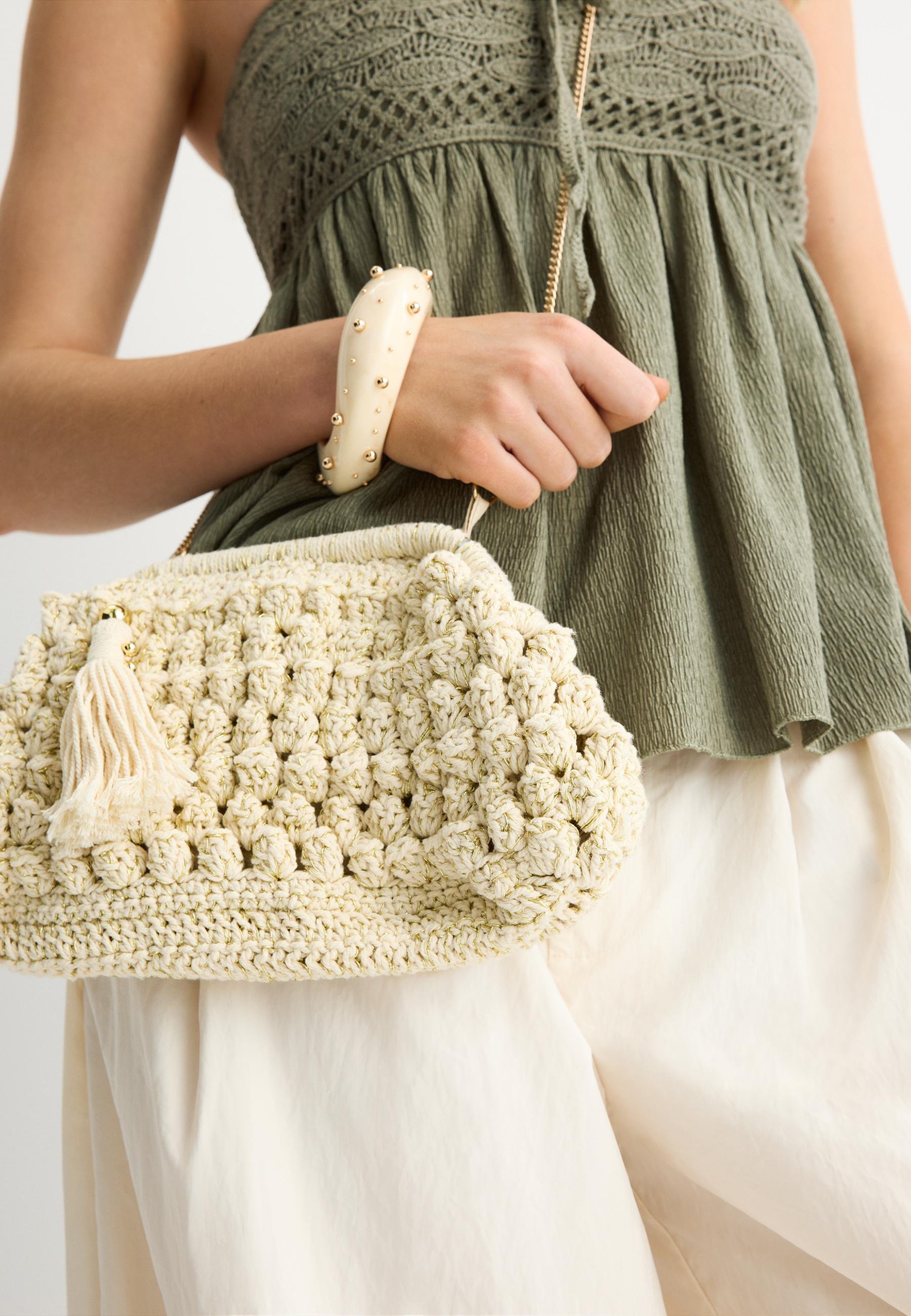 Metallic thread crochet bucket bag — Ecru (alternate view)