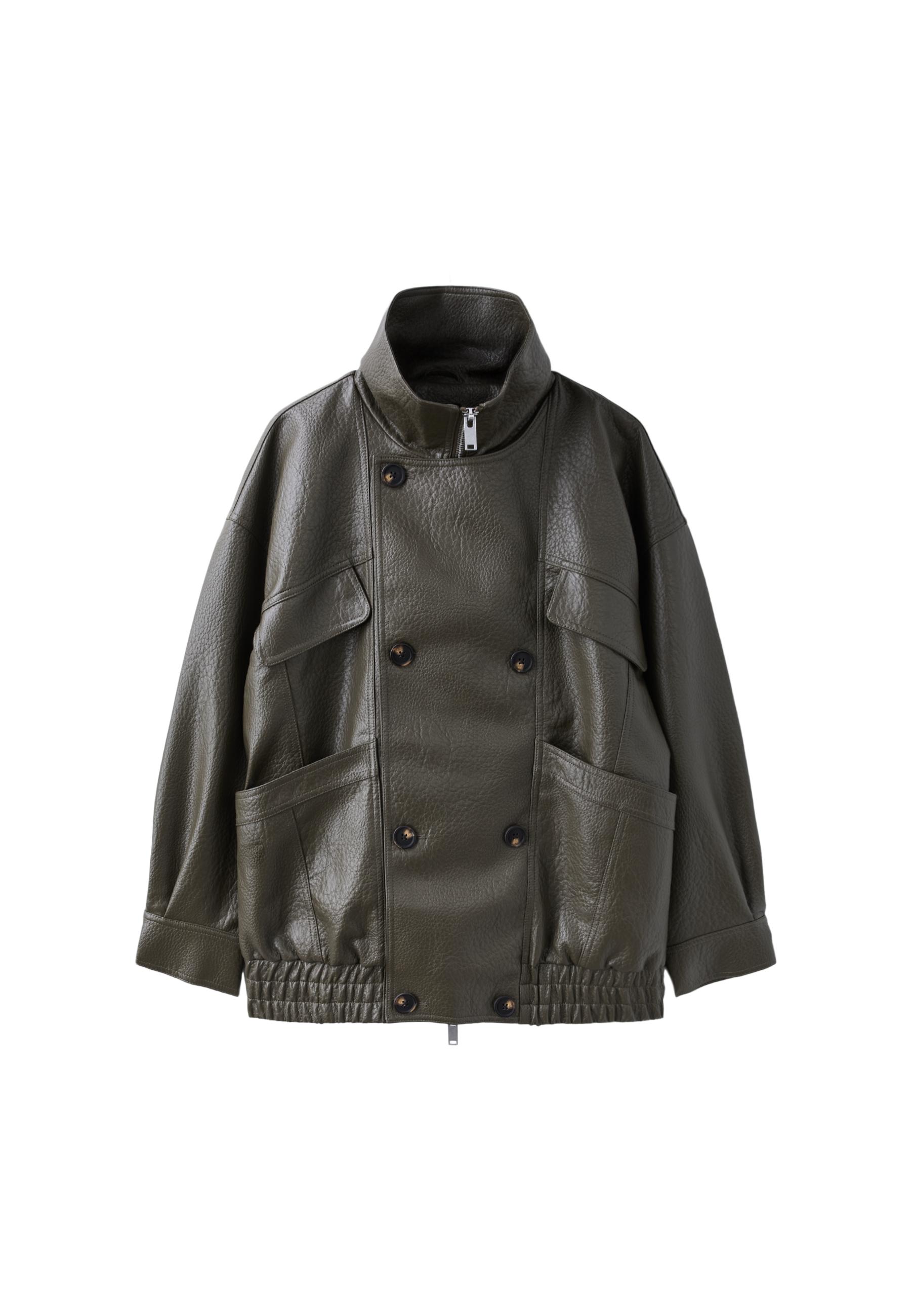 Oversized leather effect button-up jacket — Khaki