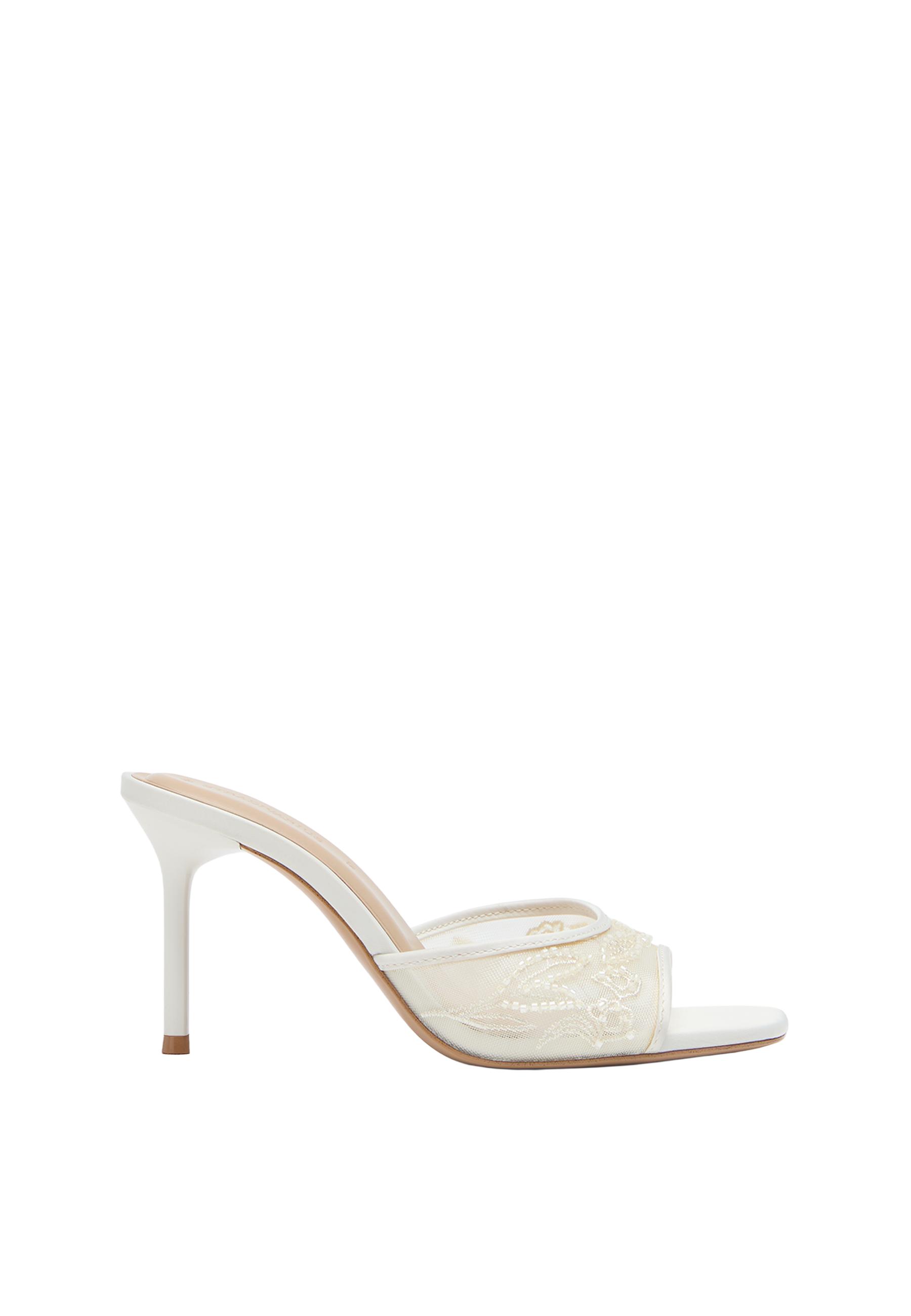 Heeled mesh bead sandals — ECRU