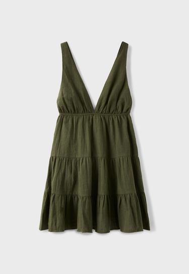 V-neck short dress — Khaki 7