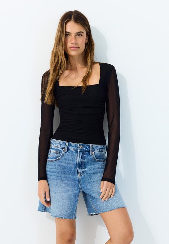 Stradivarius Body Din Tul Cu Decolteu Pătrat Negru L