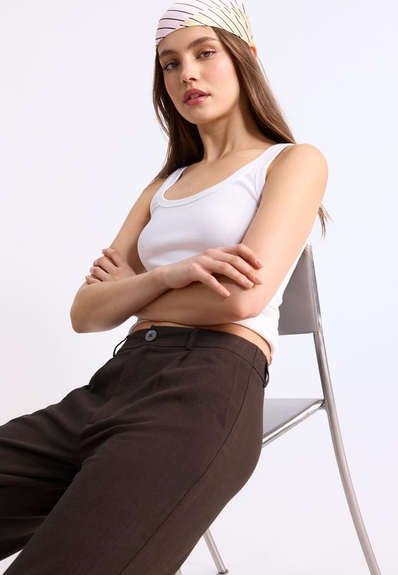 Stradivarius Pantalon Droit Effet Lin Marron 38