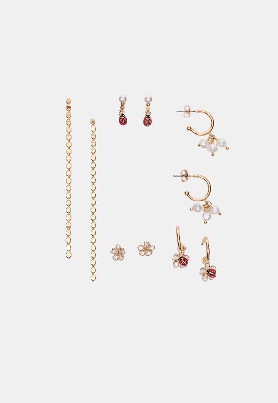 Stradivarius 9-Pack Of Ladybird Earrings Gold Os
