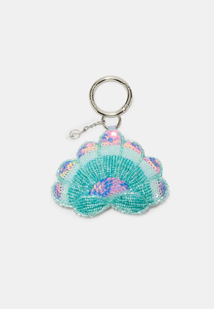 Schlüsselanhänger mit Muschel-Charm und Perlen Himmelblau OS