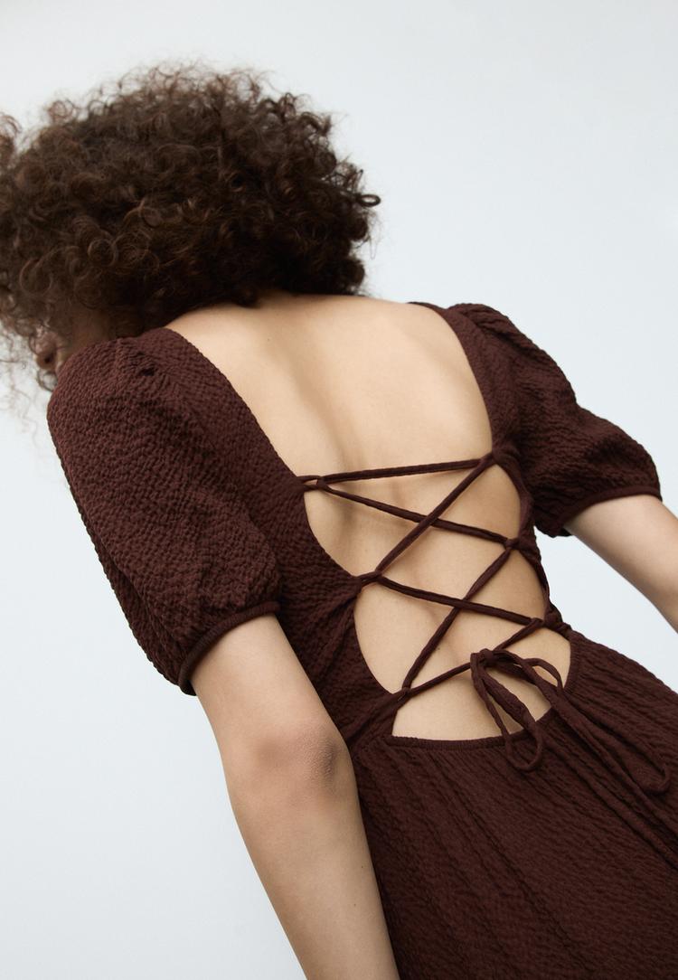 Stradivarius Μακρύ Ριχτό Φόρεμα Με Χιαστί Πλάτη Καφέ M