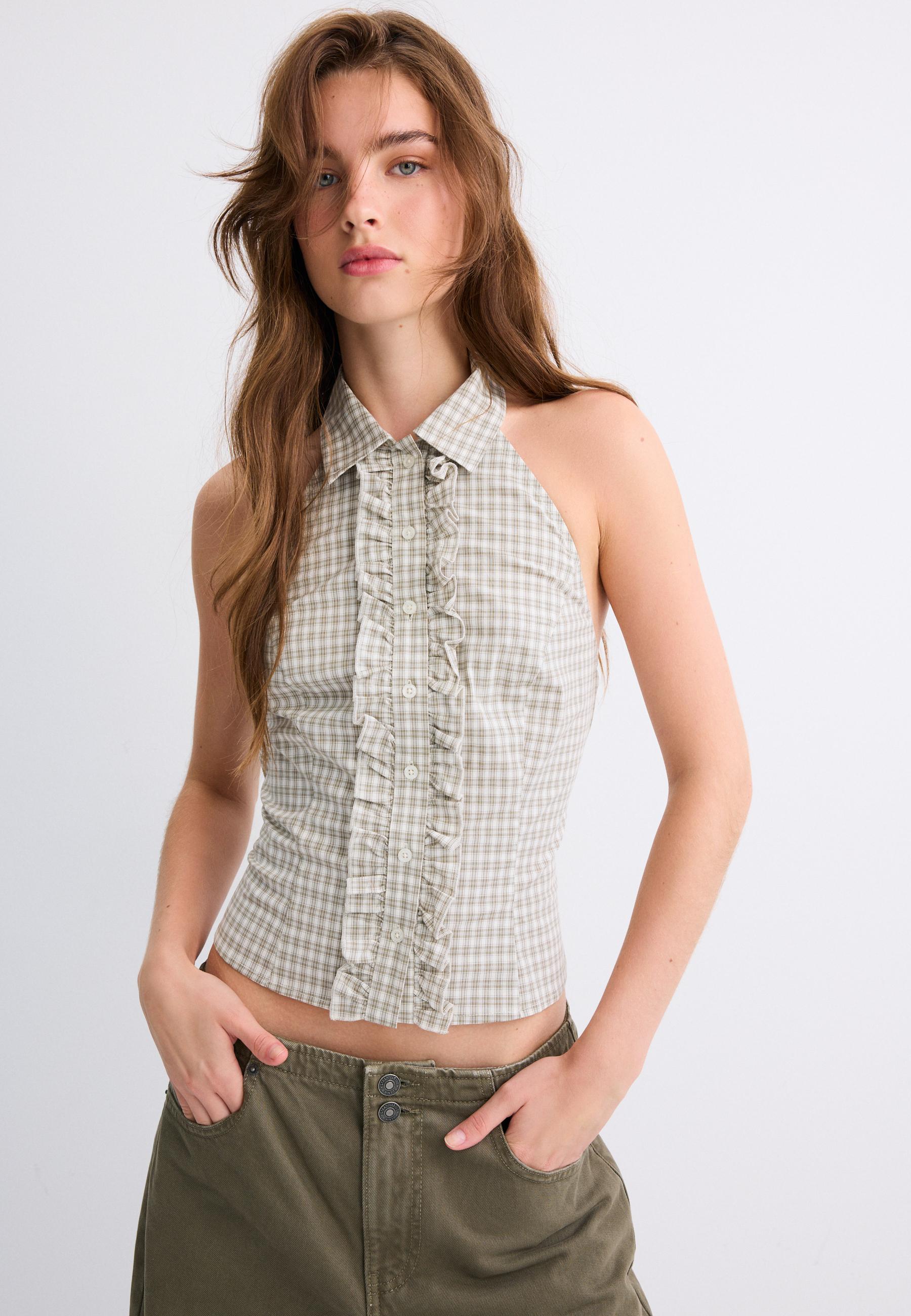Checked halter top — Khaki