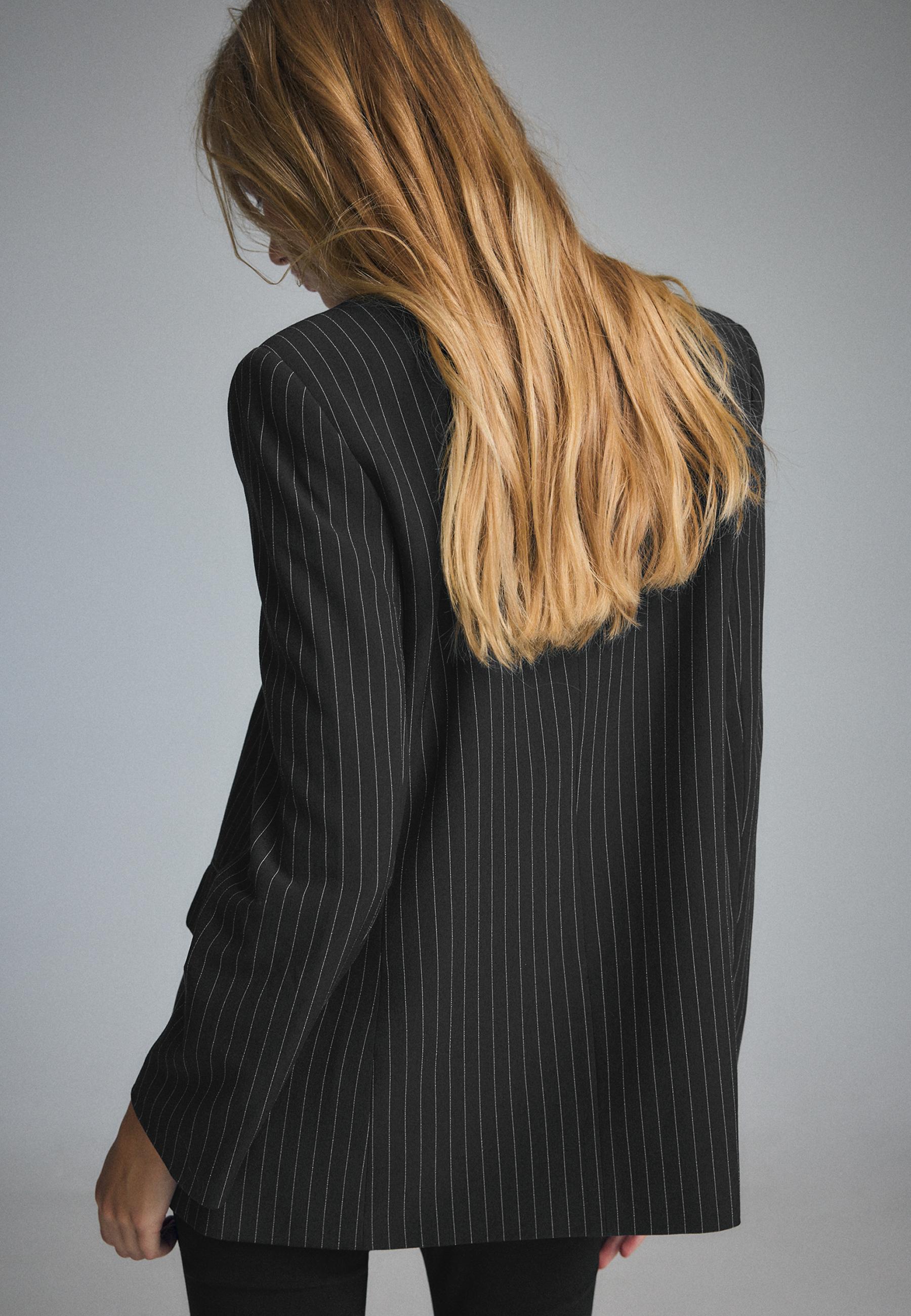 Straight striped button blazer — Black