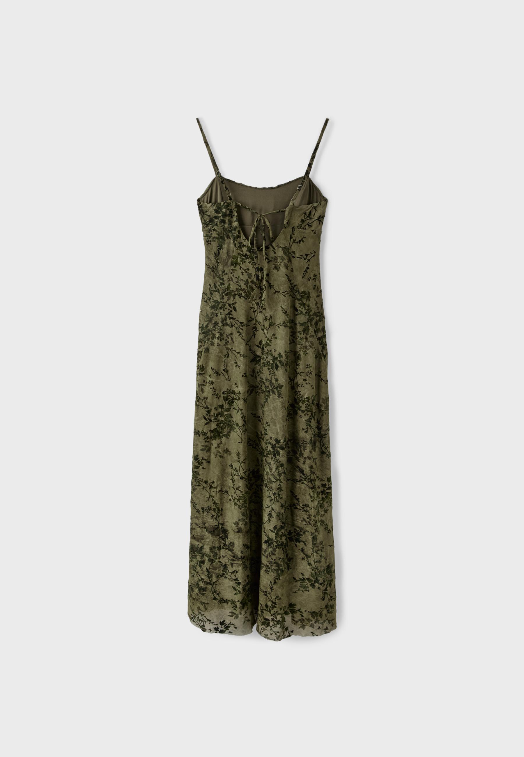 Flocked midi strap dress — Khaki