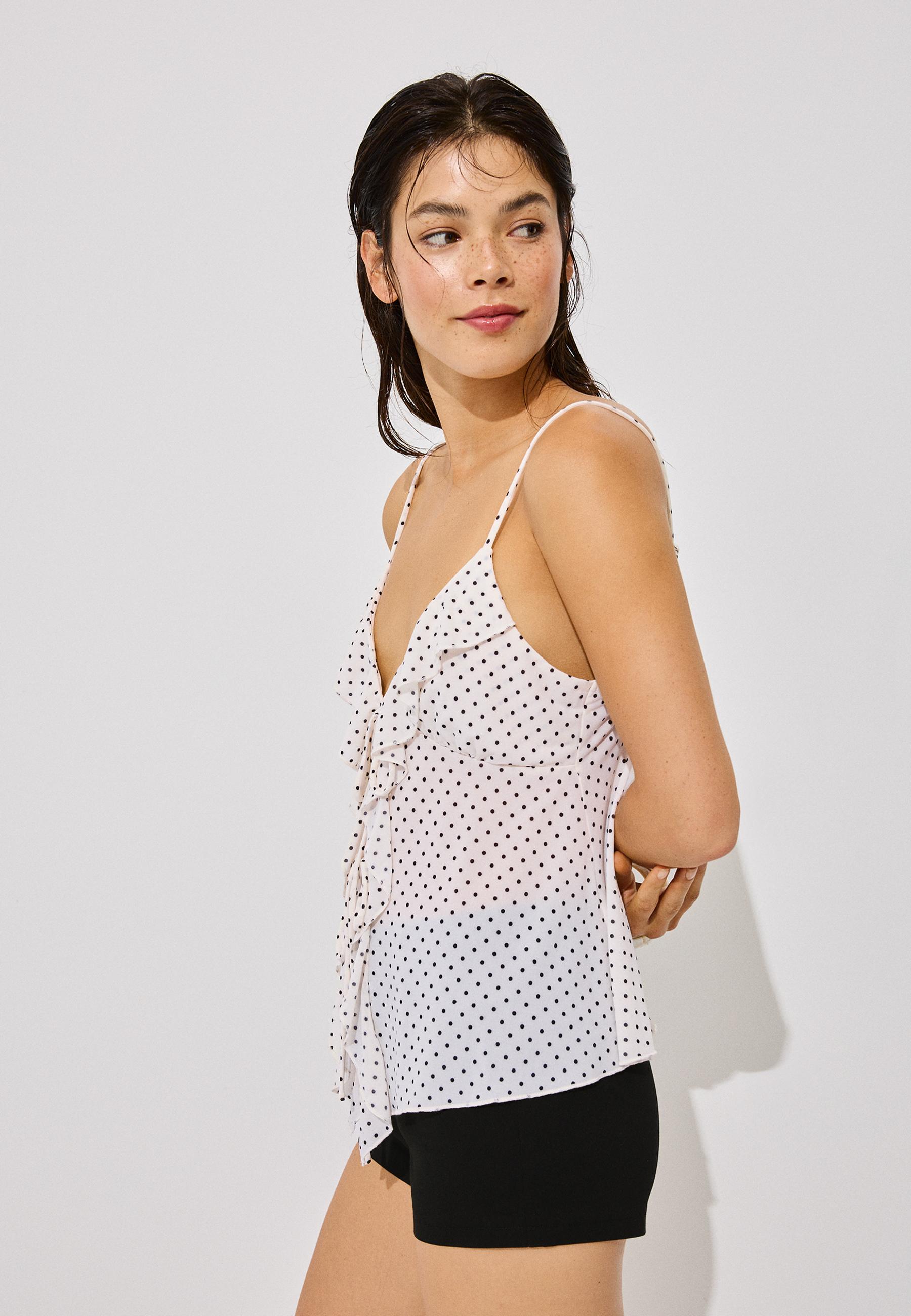 Printed ruffled top — Ecru